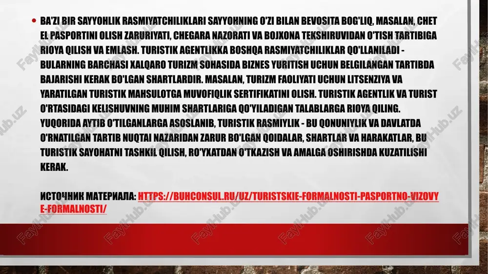 alnosti-pasportno-vizovye-formalnosti/ viza - bu chet el hukumatining ushbu davlat hududiga kirish / chiqish, yashash yoki tranzit orqali o'tishga maxsus ruxsatnomasi. ruxsatnoma pasportga yozilishi yoki alohida hujjat bo'lishi mumkin (turistik viza) . vizalar: - yakka va ko'p martalik, individual va guruhli; - talaba; - kirish; - tranzit; - chiqish, shengen va boshqalar. 1995 yilda evgeniyaning etti mamlakatida shengen shartnomasi kuchga kirdi va ichki chegaralarda chegara nazorati bekor qilindi. , gollandiya, lyuksemburg, germaniya, frantsiya, ispaniya va portugaliya. keyinchalik gretsiya qo'shildi. shengen vizalarining ikki turi: birlashgan sh. 3 oygacha bo'lgan muddatga beriladigan viza va sh shartnomasini tuzgan mamlakatlar hududida erkin yurish huquqini beradi. 3 oydan ortiq muddatga milliy kirish vizasi istochnik materiala: https://buhconsul.ru/uz/turistskie-formalnosti-pasportno-vizovye-formalnosti/ rossiyadagi turizmning hozirgi holati uning tashkiliy tuzilishida, rivojlanish yo'nalishida, sanoatning miqdoriy va sifat ko'rsatkichlari holatida chuqur va noaniq o'zgarishlar bilan tavsiflanadi. jahon savdo tashkilotining prognoziga ko'ra, 2020 yilga kelib rossiya sayyohlarni qabul qilish bo'yicha etakchi mamlakatlar o'nligiga kiradi. shu munosabat …
