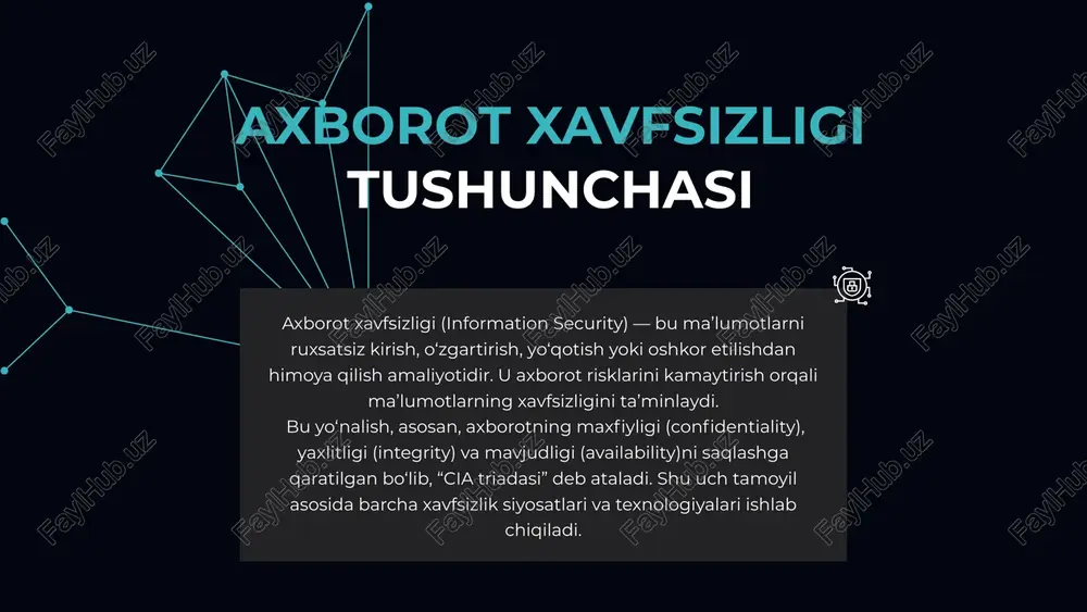 ri, chunki inson ishonchini suiiste’mol qiladi. axborot xavfsizligida qonun va me’yorlar ko‘plab davlatlarda axborot xavfsizligini tartibga soluvchi qonunlar mavjud. masalan, yevropada — gdpr, o‘zbekistonda esa “shaxsga doir ma’lumotlar to‘g‘risida”gi qonun. bu qonunlar ma’lumotdan noqonuniy foydalanishni oldini olishga yordam beradi. axborot xavfsizligining kelajagi sun’iy intellekt, bulut texnologiyalari va “internet of things” (iot) rivojlanishi bilan yangi tahdidlar paydo bo‘lmoqda. shu sababli, axborot xavfsizligi sohasi doimiy ravishda yangilanib boradi. kelajakda xavfsizlik tizimlari avtomatik ravishda o‘rganadigan va tahdidlarni oldindan aniqlaydigan darajaga yetadi. xulosa: axborot xavfsizligi — zamonaviy jamiyatning asosi. har bir inson, tashkilot va davlat o‘z ma’lumotlarini himoya qilishga mas’ul. texnologiya qanchalik rivojlansa ham, inson omili muhimligicha qoladi. shuning uchun axborot xavfsizligi faqat texnik himoya emas — bu madaniyat, ehtiyotkorlik va bilim masalasidir. image1.jpeg image2.png image3.svg image4.jpeg image5.png image6.svg image7.jpeg image8.png image9.svg image10.png image11.svg image12.png image13.svg image14.png image15.svg image16.png image17.svg image18.png image19.svg image20.png image21.svg image22.jpeg image23.png image24.svg image25.jpeg image26.png image27.svg image28.png image29.svg image38.png image39.svg …