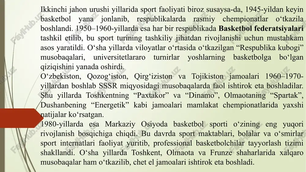 ootlari barpo etildi. shu jumladan, basketbol bo‘yicha mashg‘ulotlar uchun maxsus zallar, inventarlar, hakamlik tizimi va trenerlar tayyorlash ishlari yo‘lga qo‘yildi. 1990-yillarning oxiri va 2000-yillarning boshlarida o‘zbekiston, qozog‘iston va qirg‘iziston milliy terma jamoalari osiyo miqyosidagi musobaqalarda qatnashishni boshladi. o‘zbekiston terma jamoasi bir necha bor fiba asia cup saralash bosqichlarida ishtirok etgan bo‘lsa, qozog‘iston terma jamoasi osiyo chempionatlarida yuqori o‘rinlarni egallagan. ayni paytda, o‘zbekistonda “o‘zbekiston basketbol federatsiyasi” (obf) faoliyat olib bormoqda. federatsiya huzurida erkaklar va ayollar uchun alohida milliy chempionatlar, superliga o‘yinlari, 3x3 formatidagi musobaqalar, yoshlar va maktab o‘quvchilari o‘rtasida turnirlar o‘tkaziladi. har yili “prezident kubogi”, “o‘zbekiston chempionati”, “universiada” va “talabalar o‘yinlari” singari musobaqalar o‘tkazilishi bu sport turining keng ommalashuviga xizmat qilmoqda. mustaqillikdan so‘ng yosh sportchilarni tayyorlashga alohida e’tibor qaratildi. sport maktablari, ixtisoslashtirilgan olimpiya zaxiralari kollejlari va sport akademiyalarida basketbol bo‘yicha maxsus yo‘nalishlar tashkil qilindi. bunda malakali murabbiylar, sobiq sport ustalari va xalqaro toifadagi hakamlar faol ishtirok etmoqda. so‘nggi yillarda markaziy osiyo …