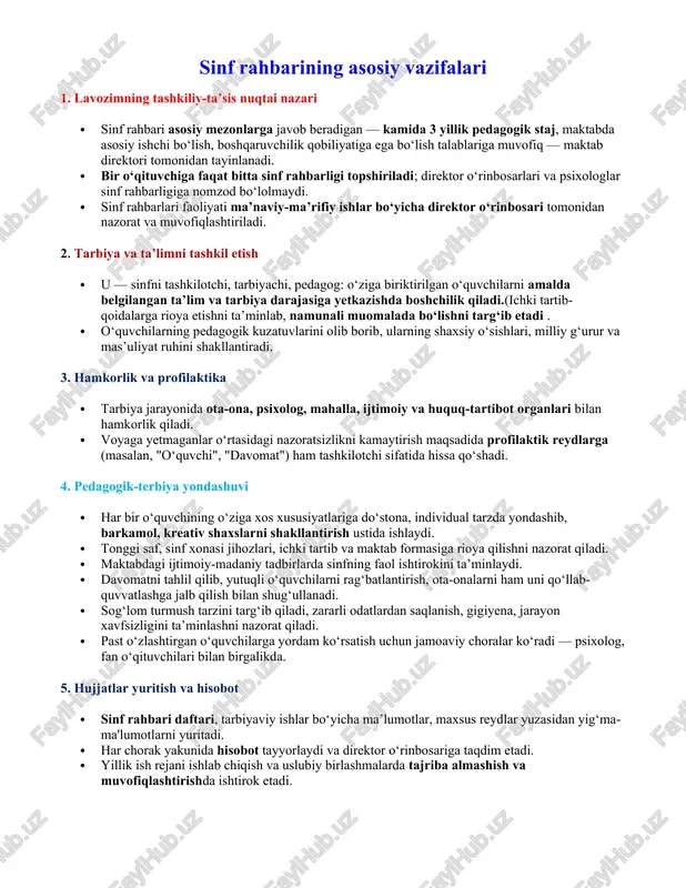 xslarni shakllantirish ustida ishlaydi. · tonggi saf, sinf xonasi jihozlari, ichki tartib va maktab formasiga rioya qilishni nazorat qiladi. · maktabdagi ijtimoiy-madaniy tadbirlarda sinfning faol ishtirokini ta’minlaydi. · davomatni tahlil qilib, yutuqli o‘quvchilarni rag‘batlantirish, ota-onalarni ham uni qo‘llab-quvvatlashga jalb qilish bilan shug‘ullanadi. · sog‘lom turmush tarzini targ‘ib qiladi, zararli odatlardan saqlanish, gigiyena, jarayon xavfsizligini ta’minlashni nazorat qiladi. · past o‘zlashtirgan o‘quvchilarga yordam ko‘rsatish uchun jamoaviy choralar ko‘radi — psixolog, fan o‘qituvchilari bilan birgalikda. 5. hujjatlar yuritish va hisobot · sinf rahbari daftari, tarbiyaviy ishlar bo‘yicha ma’lumotlar, maxsus reydlar yuzasidan yig‘mama'lumotlarni yuritadi. · har chorak yakunida hisobot tayyorlaydi va direktor o‘rinbosariga taqdim etadi. · yillik ish rejani ishlab chiqish va uslubiy birlashmalarda tajriba almashish va muvofiqlashtirishda ishtirok etadi. o‘zbekiston respublikasi maktabgacha va maktab ta’limi vazirining 2025-yil “ 25 ”-avgustdagi 308-son buyrug‘iga 4-ilova “tasdiqlayman”: maktab direktori_____________ _________________ mmibdo‘: _________ ________________ “kelajak soati” darslarining 2025-2026-o‘quv yili uchun o‘quv-mavzu rejasi № o‘tiladigan mavzular soat …