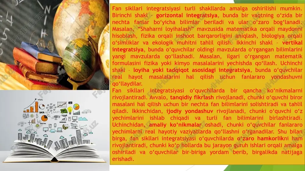 hisoblaydi va dizayn variantlarini tayyorlaydi. oxirida loyihalar taqdim etiladi va natijalar muhokama qilinadi. fan sikllari integratsiyasini yanada samarali qilish uchun vizual organayzerlar – diagramma, mind map, rasm va stikerlardan foydalanish tavsiya etiladi. masalan, o‘quvchilar fanlarni turli rang bilan belgilab, ularni bog‘lovchi diagramma yaratadi. bu o‘quvchilarga fanlar o‘rtasidagi bog‘lanishni tushunishga yordam beradi va murakkab ma’lumotlarni oson qabul qilish imkonini beradi. mind map yordamida mavzuni bosqichma-bosqich o‘rganish va bilimlarni tizimli shaklda joylashtirish mumkin. amaliy mashqlar fan sikllari integratsiyasini yanada mustahkamlashga yordam beradi. o‘quvchilarga real hayotiy masalalar berish orqali ularni amaliyotga tayyorlash mumkin. masalan, uyda energiya tejash bo‘yicha mini-loyihalar, bog‘da o‘simliklarni parvarishlash, hududni toza saqlash kabi masalalar o‘quvchilarni fanlararo yondashuvni qo‘llashga undaydi. shu jarayonda matematika, fizika, biologiya va texnologiya fanlaridan olingan bilimlar birlashtiriladi va o‘quvchilarda kompleks fikrlash ko‘nikmalari rivojlanadi. fan sikllari integratsiyasi o‘quvchilarda tanqidiy fikrlash va ijodiy yondashuvni rivojlantiradi. o‘quvchilar turli fanlar bilimlarini solishtirib, tahlil qilib, eng samarali yechimni tanlaydi. shu bilan birga, …