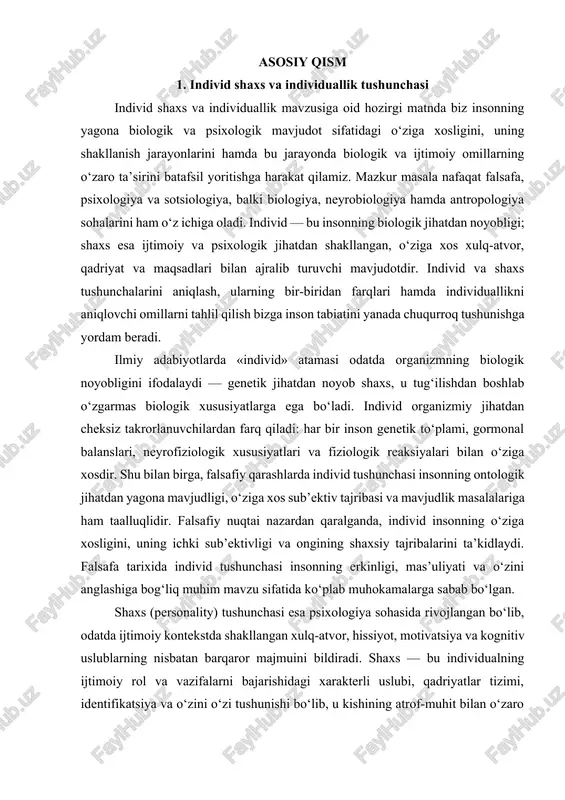 h bo‘lsa-da, hayotiy tajribalari, tarbiyasi va ijtimoiy muhitlari tufayli butunlay boshqa shaxslar bo‘lib yetishishlari mumkin. bu holat shuni ko‘rsatadiki, individuallikning biologik asoslari muhim bo‘lsa-da, shaxsiyat shakllanishida ijtimoiy va madaniy omillar ham katta rol o‘ynaydi. individ shaxsning rivojlanishida biologik omillar birinchi darajali ahamiyatga ega bo‘lib, ular tug‘ma predispozitsiyalar, genetik meros, neyrofiziologik tuzilma, gormonal tizim va nerv tizimining rivojlanishi kabi elementlardan iborat. genetika insonning kognitiv qobiliyatlari, temperament, impulsivlik, stressga moyillik va boshqa bir qator xususiyatlarga asosiy ta’sir ko‘rsatadi. masalan, temperament — bu tug‘ma xususiyat bo‘lib, odamning hissiy javoblari, harakat aktivligi va diqqatni ushlab turish qobiliyati bilan bog‘liq: u organizmning nevrobiologik asoslarini aks ettiradi va shaxs rivojlanishining «shabloni» sifatida xizmat qiladi. shu bilan birga, asab tizimining strukturaviy va funksional xususiyatlari ham individuallikni belgilaydi; masalan, prefrontal korteksdagi farqlar odamning qaror qabul qilish, impulslarga tutilish va ijtimoiy xulqni boshqarish qobiliyatiga ta’sir qiladi. neyrobiologiya sohasidagi tadqiqotlar shaxsiyat va individuallik bilan bog‘liqligi mumkin bo‘lgan miyaviy mexanizmlar haqida …