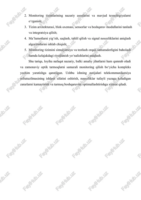 yo‘qotilishini kamaytiradi va elektromagnit shovqinlardan ta’sirlanish xavfini bartaraf etadi. optik tarmoqlar bugungi kunda internet provayderlari, televideniye va mobil aloqa operatorlari tomonidan keng qo‘llaniladi. ushbu tarmoqlarning samarali ishlashi ularning tuzilishi, komponentlari va ishlash prinsiplari bilan bevosita bog‘liqdir. optik tarmoqlar bir nechta asosiy komponentlardan tashkil topgan bo‘lib, ular signalning uzatilishi va qabul qilinishida muhim rol o‘ynaydi. eng birinchi va asosiy komponent optik tola hisoblanadi. optik tolalar odatda shisha yoki plastikdan tayyorlanadi va ular orqali yorug‘lik signallari uzatiladi. tolalarning ichki qismi signalni maksimal darajada yo‘qotmasdan uzatishga imkon beradigan optik qoplama bilan o‘ralgan. tolalar ikki asosiy turga bo‘linadi: yagona rejimli (single-mode) va ko‘p rejimli (multi-mode). yagona rejimli tolalar bir xil fazada yorug‘lik impulslarini uzatadi va uzoq masofalar uchun mo‘ljallangan, chunki ular signaldagi dispersiyani minimallashtiradi. ko‘p rejimli tolalar esa ko‘proq yorug‘lik rejalarini uzatadi, ammo ular qisqa masofalarda ishlashga mos keladi va kamroq narxga ega. optik tarmoqlarda signal uzatilishining yana bir muhim elementi ulangichlar (connectors) hisoblanadi. …