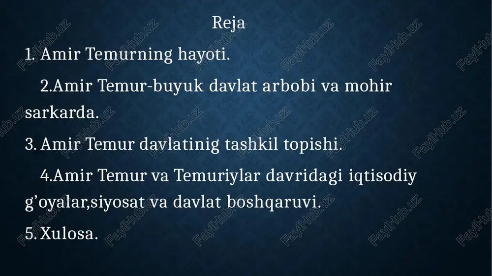 angga tayyorlaydilar. birlashgan kuchlar va tug‘luq temur qo‘shinlari o‘rtasidagi jang 1365 yil 22 mayda chinoz va toshkent oralig‘ida qattiq yog‘ingarchilik paytida bo‘ladi va tarixda “loy jangi” (“jangi loy”) nomini oladi. bu jangda temur va husayn kelishib harakat qilmaganliklari oqibatida ularning birlashgan qo‘shini mag‘lubiyatga uchraydi. ayrim manbalar bu mag‘lubiyatning sababini amir husaynning sust va mayoqsizlik bilan harakat qilishi deb izohlaydi. temurning o‘zi esa bu kabi holatlarni husaynning hasadgo‘yligida deb biladi. xususan “temur tuzuklari”da amir temur va amir husaynning do‘stona munosabatlarini buzilishiga husaynning molparastligi va hasadchiligi sabab bo‘lganligi ta’kidlanadi. “amir husayn bilan murosayu-madora qilishga shunchalik intildimki, hatto uning amirlariga ham bu ta’sir etib, menga bo‘ysundilar.” 3.temur davlatining barpo etilishi . amir tumur hokimiyat tepasiga kelgach, deyarli bir asrlik bosh boshdoqlik hukm surgan mamlakatga qonunlar joriy etib, tartib o‘rnatish oson emas edi. uni faqatgina kuchli siyosat yurgizib, mamlakat qudratini mustahkamlab amalga oshirish mumkin edi. temur o‘ziga mustahkam tayanch barpo etish maqsadida dastlab barlos …