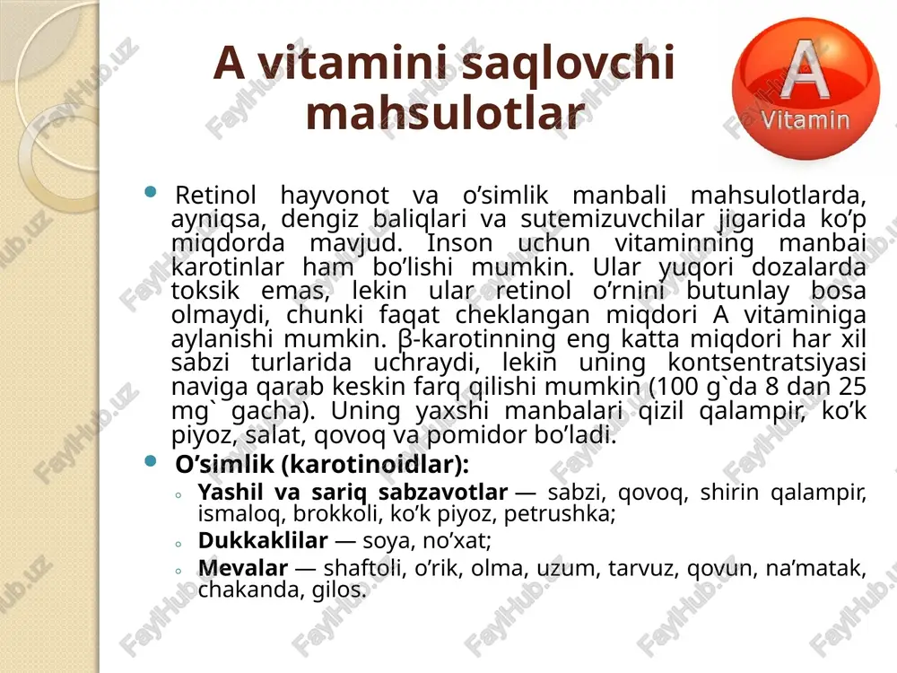 i ta’siri bilan bog’liq. vitamin a yog’da eruvchi vitamin va ingichka ichakda dispersiya uchun mitselyar solyubilizatsiyaga bog’liq, bu esa a vitamini yog’ miqdori kam bo’lganda yomon so’rilishiga olib keladi. rux yetishmovchiligi ham a vitamining so’rilishi, transporti va metabolizmini yomonlashtiriishi mumkin, chunki u transport oqsillarini sintez qilish va retinolni retinalga aylantirish uchun kofaktor sifatida zarur. burkina-fasoda o’tkazilgan tadqiqotda a vitamini va rux kombinatsiyasi ishlatilganda bolalar orasida bezgak bilan kasallanish sezilarli kamayishi aniqlangan. gipovitaminoz a belgilari gipovitaminoz a`ning dastlabki alomati shabko’rlik (niktalopiya, gemeralopiya) — qorong’iga adaptatsiyaning keskin pasayishi hisoblanadi. epitelial to’qimalarning shikastlanishlari xarakterlidir: teri (follikulyar giperkeratoz), ichak shilliq qavatlari (yara shakllanishigacha), bronxlar (tez-tez bronxitlar), siydik-tanosil tizim (yengil infektsiyalanish). dermatitlar patologik proliferatsiya, keratinizatsiya va epitelial deskvamatsiya bilan birga kechadi. ko’z yosh kanallari epiteliyining deskvamatsiyasi ularning tiqilib qolishi va shox parda namlanishining kamayishiga olib kelishi mumkin, u yaralar va leykoma hosil bo’lishi bilan quriy boshlaydi (kseroftalmiya) va yumshaydi (keratomalyatsiya). shox pardaning shikastlanishi juda tez …