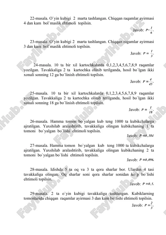 al tanlandi. ulardan hech bo`lmaganda 1tasi qizg`ish rangli metall bo`lishi ehtimoli topilsin. javob: 3-masala. 15 kishidan iborat ishchilar orasida 5 ta ayol kishi bor. saylov komissiyada ishlash uchun ishchilar ro`yxatidan tavakkaliga 3 kishi tanlandi. ular ichida kamida 1 ta ayol kishi bo`lishi ehtimoli topilsin. javob: 4-masala. guruhda 10 ta talaba bo`lib, ulardan 3 tasi a`lochidir. tavakkaliga ajratilgan 3 ta talabaning ham a`lochi bo`lmasligi ehtimoli topilsin. javob: 5-masala. ikki mergan nishonga qarata o`q uzmoqda. bitta o`q uzganda nishonga tekkizish ehtimoli birinchi mergan uchun 0,9 ga, ikkinchi mergan uchun esa 0,6 ga teng bo`lsa, bir yo`la o`q uzganda merganlardan faqat bittasining nishonga tekkizish ehtimoli topilsin. javob: 6-masala. 200 ta detaldan iborat idishda 150 tasi birinchi nav, 30 tasi ikkinchi nav, 16 tasi uchinchi nav va 4 tasi yaroqsizdir. tavakkaliga olingan detalning 1-yoki 2-nav bo`lishi ehtimoli topilsin. javob: 7-masala. ikki mergan nishonga qarata o`q uzmoqda. 1 ta o`q uzganda nishonga tekkizish ehtimoli birinchi …