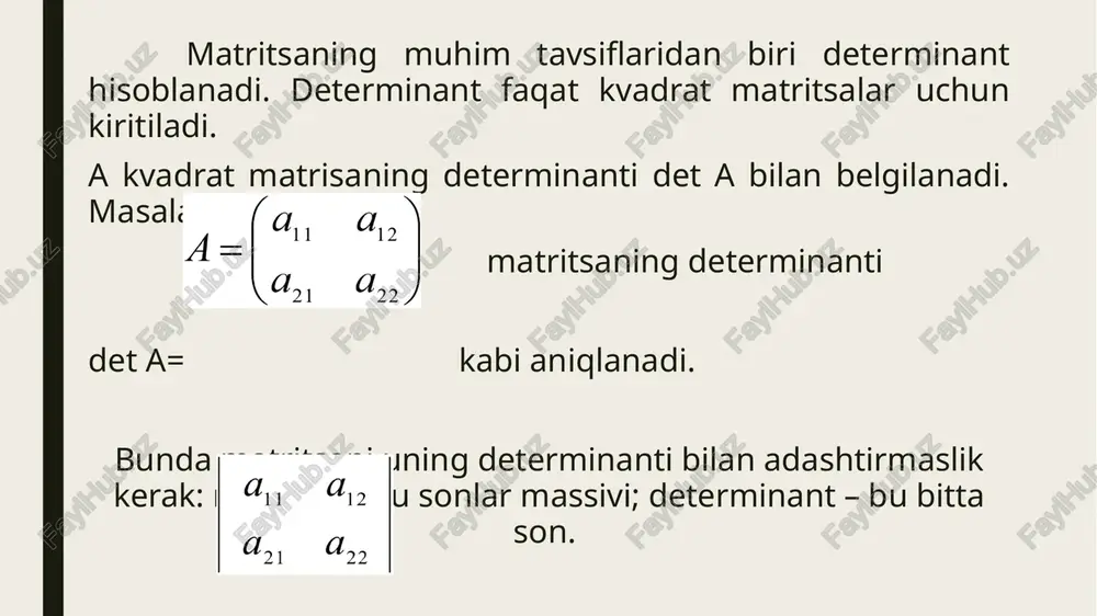 ‘indisidan iborat bo‘ladi,bunda ko‘paytmalar bir-biridan elementlarining tarkibi bilan farq qiladi va har bir ko‘paytma oldiga inversiya tushunchasi asosida plyus yoki minus ishora qo‘yiladi. n-tartibli determinantni bu qoida asosida ifodalash etarlicha noqulaylikka ega. shu sababli yuqori tartibli determinantlarni hisoblashda bir nechta ekvivalent qoidalardan foydalaniladi. bunday qoidalardan biri yuqori tartibli determinantlarni quyi tartibli determinantlar asosida hisoblash usuli hisoblanadi. bu usulda determinant biror satr (yoki ustun) bo‘yicha yoyiladi. bunda quyi (ikkinchi va uchunchi) tartibli determinantlar yuqorida keltirilgan ta’riflar asosida topiladi. n-tartibli determinantlarni yoyishda minor va algebraik to‘ldiruvchi tushunchalaridan foydalaniladi. songa aytiladi. e’tiboringiz uchun rahmat ! image1.png image2.png image3.png image4.png image5.png image6.png image7.png image8.png image9.png image10.png image11.png image12.png image13.png image14.png image15.png image16.png image17.png image18.png image19.png
