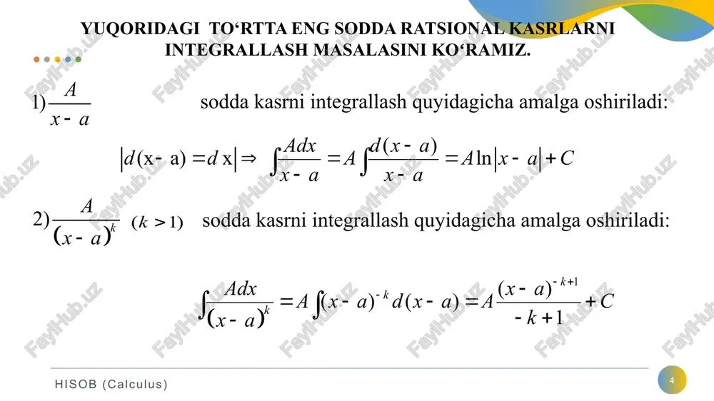 ng: yechish: integral ostidagi funksiya uchun shart bajariladi, shu sababli integralni hisoblashda c) qoidaga ko‘ra almashtirishdan foydalanamiz. u holda hisob (calculus) 29 d) endi integralni qaraymiz. lardan hech boʻlmaganda biri toq son boʻlsin. masalan, - toq son, ya’ni . u holda almashtirishlar natijasida t ga nisbatan ratsional funksiyaning integraliga ega boʻlamiz. 2) musbat juft sonlar boʻlsin, ya’ni formulalardan foydalanish maqsadga muvofiqdir. . u holda hisob (calculus) 30 3) agar juft sonlar boʻlib, ularning kamida biri manfiy boʻlsa, yuqorida bayon qilingan usul maqsadga olib kelmaydi. bunda almashtirishni bajarish lozim boʻladi. 5-misol. integralni hisoblang: yechish: integral ostidagi funksiya cosx ga nisbatan toq bolganligi sababli yuqoridagi 1) qoidaga kora: hisob (calculus) 31 e) natural son, koʻrinishdagi integrallar mos ravishda yoki almashtirishlar yordamida, berilgan integral ratsional funksiyani integrallashga keltiriladi. 6-misol. integralni hisoblang: yechish. bu integralni hisoblash echun: hisob (calculus) 32 k) hisob (calculus) 33 7-misol. integralni hisoblang: yechish: hisob (calculus) 34 e’tiboringiz uchun raxmat! …
