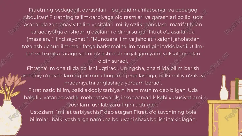 i f ikrlar : “m illatn i qutqarad igan – o 'quvch i emas , f ikrlovch i , i shlovch i , yurakl i yoshlard ir . ” “rahbar bo 'l ish uchun unvon emas , e ' t iqod , ma 'r ifat va jasorat kerak . “b izn i dushmanlar emas , b izn ing jaholat imiz yengd i ” . bu g 'oyalar bugung i kunda b ilan hamohang : yoshlar faqat d iplom emas , i xt isoslashgan b il im , mustaq il f ikr , va ijt imo iy mas 'ul iyat b ilan bo 'la olad i .bugung i global xavfs izl iklar (axborot xurujlar i , madan iyats izl ik , yolg 'on l iderlar ko ' yashash) hoz irg i yoshlarn i ruh iy immunitet b ilan qurollant irad i . bu r isola yoshlarn i : o 'ngl i …