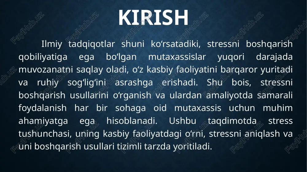 tashkilot barqarorligi uchun ham muhim ahamiyat kasb etadi. foydalanilgan adabiyotlar: boltayeva g. r. «kasbiy faoliyatda stressni oldini olishning psixologik metodlari». “zamonaviy fan va ta’lim tarbiya” jurnali, 2022. interscience.uz jamoliddinova n.t. «kasbiy so‘nishning psixologik xususiyatlarini o‘qituvchilar tadqiq etilishi». cyberleninka. kiberleninka boymirzayeva n. «pedagogik faoliyatda kasbiy stress va uni keltirib chiqaruvchi omillar». “maktabgacha va maktab ta’limi jurnali”, 2025. maktabgacha-va-maktab-talimi-jurnal.uz siddiqova g. «pedagoglarda kasbiy stress va emotsional zo‘riqish». in‑academy. in-academy.uz “kasbiy psixologiya fani bo‘yicha o‘quv‑uslubiy majmua”. o.e. hayitov, n.sh. umarova. toshkent, 2016. e-library sammu “stress” — o‘zbekcha vikipediya maqolasi. uz.wikipedia.org harbiy xizmatchilarda kasbiy zo‘riqishlar, stresslarning yuzaga kelishi va tezda bartaraf etish usullari. bestpublication jurnali, 2023. bestpublication.org image2.png image3.jpeg image4.jpeg image5.jpeg image6.jpeg image7.jpeg image8.png image9.png image10.png image11.jpeg image12.png image13.png /docprops/thumbnail.jpeg