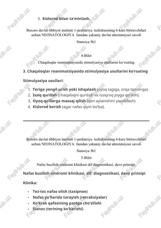 qilinadi) ahamiyati: · tez va aniq baholash imkonini beradi. · nafas muammolarini erta aniqlashga yordam beradi. · reanimatsiya qarorlarini qabul qilishda asos boʻladi. buxoro davlat tibbiyot instituti 1-pediatriya kafedrasining 6-kurs bitiruvchilari uchun neonatologiya fanidan yakuniy davlat attestatsiyasi savoli stansiya №1 7-bilet oksigenoterapiyaga ko‘rsatma va texnikasi oksigenoterapiyaga koʻrsatma va texnikasi koʻrsatmalar: ✔ gipoksiya (qonda kislorod kamligi) ✔ nafas yetishmovchiligi sindromi ✔ pnevmoniya, bronxiolit ✔ yurak yetishmovchiligi ✔ asfiksiya (tugʻruqda kislorod yetishmasligi) oksigen berish usullari: 1. nazal kanulya (nazal prong) – eng oddiy usul, 1-2 l/min. 2. oksigen maskasi – 5-10 l/min. 3. oksigen shlakobasi (head box) – chaqaloqlarda, 40-60% kislorod. 4. cpap (doimiy ijobiy nafas yoʻli bosimi) – nafas yoʻllarini ochiq ushlab turadi. 5. ventilyator (sunʼiy nafas apparati) – ogʻir holatlarda. texnika: · kislorod namlangan (quruq hava shilliq qavatni quritmasligi uchun). · dozani nazorat qilish (koʻp kislorod toksik taʼsir koʻrsatishi mumkin). · monitorizatsiya (pulsoksimetr yordamida spo₂ ni kuzatish). ⚠ ehtiyot boʻlish …