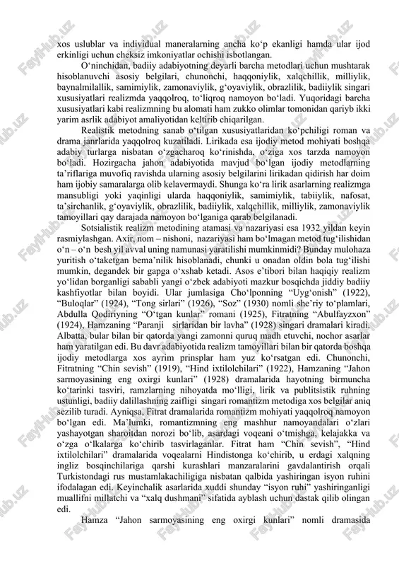 nliklarini eslab o‘tish kifoya qilsa kerak. tanqidchi m. qo‘shjonov aniqlashicha, oybek bilan abdulla qahhorning voqelikni aks ettirish prinsiplari bir – biridan sezilarli darajada farqlanib turadi: agar oybek o‘z asarlarida ko‘proq hayotning go‘zal, yorqin va nurli tomonlarini, ya’ni ijobiy qirralarini tasdiqlashni ma’qul ko‘rgan bo‘lsa, abdulla qahhor turmush illatlarini “qora” bo‘yoqlar yordamida fosh qilish orqali kishilarni larzaga soladigan asarlar yaratishga muvaffaq bo‘lgan. agar hamid olimjon she’rlarida ko‘proq anafora qo‘llanganligi kuzatilsa, maqsud shayxzoda lirikasida ritorik so‘roqlarning mo‘lroq va o‘rinliroq ishlatilganligi seziladi. xuddi shunday farqlarning yoki prinsiplarning anglanishi va bir yozuvchidan ikkinchisiga o‘tib borishi yoxud asarlarining mushtarak xususiyatiga aylanishi oqibatida adabiyotda ijodiy metod maydonga kelgan. asrlar davomida adabiyotda turli-tuman ijodiy metodlar almashinib yoki yangilanib turishining asosiy sababi shundaki, ularning har qaysisi hayotdagi va san’atdagi muayyan ehtiyojning, zaruratning farzandi sifatida dunyo yuzini ko‘rgan. jumladan, agar bir metod tamoyillarining hayot haqiqatini aks ettirish imkoniyatlari cheklanganligi sezilsa, uni yangisi bilan almashtirish yo‘lida harakatlar avj olib ketgan. bordi-yu …