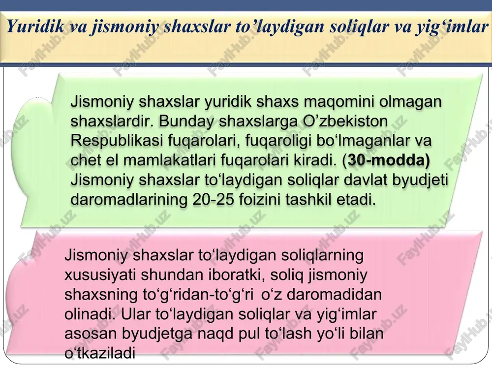 aromadlari (maqsadli jamg‘armalarsiz) 62229,5 100 102627,6 100 103566,4 100 127867,1 100 162 587,0 100 jismoniy shaxslardan olinadigan daromad solig‘i 5198,8 8,4 11367,4 11,1 15141,8 12,5 18918,8 14,8 21500,0 13,2 davlat byudjeti daromadlari tarkibida mol-mulk solig‘ining dinamikasi (mlrd. so‘mda) ko‘rsatkichlar 2018 yil 2019 yil 2020 yil 2021 yil 2022 yil summa % summa % summa % summa % summa % davlat budjetining jami soliqli daromadlari (maqsadli jamg‘armalars iz) 62229,5 100 102627,6 100 103566,4 100 127867,1 100 162 587,0 100 mol-mulk solig‘i 2158,9 3,5 1851,1 1,8 2369,6 1,8 2548,0 2,0 2792 jismoniy shaxslarning mol-mulkiga solinadigan soliqning davlat budjeti daromadlaridagi salmog’i dinamikasi o‘zbekiston respublikasi davlat byudjeti daromadlari tarkibida bevosita soliqlarning o‘rni № ko’rsatkic hlar yillar 2021 2022 2014 2015 2016 2017 2018 2019 2020 1. daromadlar (maqsadli jamg’armalarda n tashqari) jami 100 100 100 100 100 100 100 100 100 2. shu jumladan: bevosita soliqlar 26,2 23,6 23,0 24,0 20,6 28,4 31,6 36,6 …
