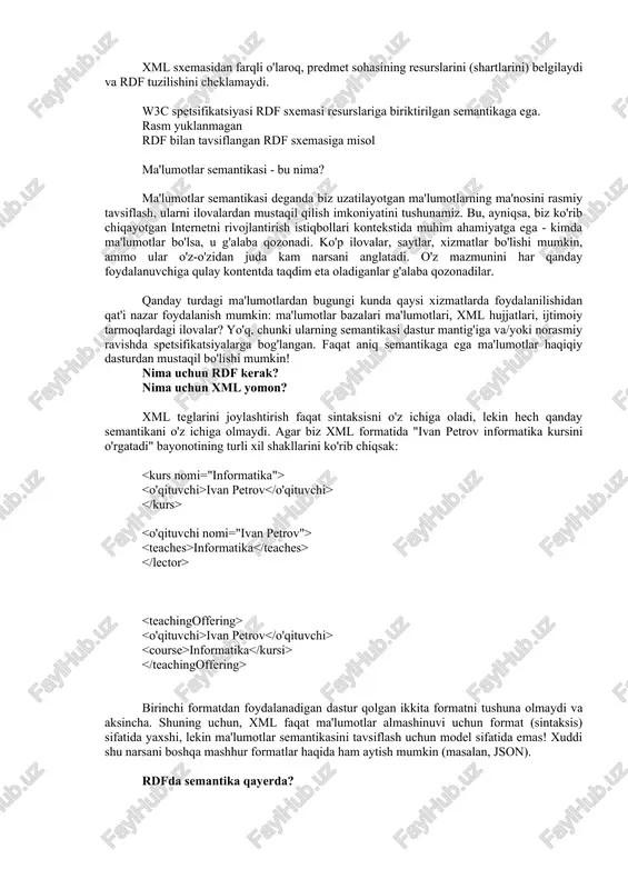 iradi. gipermatnli tizimlar ma'lumotlar bazalarida matnli ma'lumotlarni kalit so'zlar bo'yicha qidirish uchun mo'ljallangan. kontekstli yordam tizimlari gipermatn va tabiiy til tizimlarining alohida holatidir. kognitiv grafik tizimlar grafik tasvirlar yordamida iis foydalanuvchisining o'zaro aloqasini ta'minlaydi. semantik veb html sahifasi veb-brauzerda ma'lumotni qanday vizual tarzda taqdim etishni tavsiflaydi va kompyuterlar uchun tahlil qilish qiyin. internetda odamlarni, loyihalarni, dasturlarni qidirish kabi arzimas ishlarni ham avtomatlashtirish mumkin emas. semantik veb-texnologiyasi kompyuterga internetdagi ma'lumotlarni odamlar bilan teng ravishda izohlash imkonini beradi, buning uchun w3c spetsifikatsiyasi bo'lgan rdf (resurs tavsifi ramkasi) grafik resurs tavsifi modeli ishlab chiqilgan. rdf bilan siz har qanday resurs haqida har qanday da'vo qilishingiz mumkin. rdf grafik modeli rdf modelidagi resurs da'volari uchlikdan iborat. resurslar va xususiyatlar uri sifatida, harflar esa unicode sifatida ifodalanadi. uri internetdagi resurslarni yagona aniqlash imkonini beradi, unicode esa ko'p tillilik muammosini hal qiladi. rdf sxemasi xml sxemasi emas rdf sxemasi rdf bayonotlarida tasvirlangan. xml sxemasidan farqli o'laroq, …