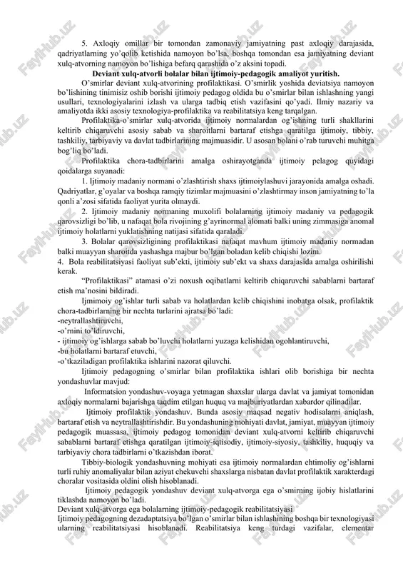 ixofiziologik zo’r berish, nizoli holatlar, atrof-muhitning kimyoviy tarkibi, turli somatik, allergik, toksik kasallanishlarga olib keluvchi, ya’ni quvvat manbalari bilan bog’liq bo’lgan psixofiziologik xususiyatlar. 2. psixologik omillar. bularga bolada psixopatalogiya yoki xarakterining aksetkatsiyasining borligi kiradi. bu me’yordan chetga chiqishlar asab kasalliklari, psixopatiya, nevrosteniya va bolada g’ayriadekvant reaksiyalarni paydo qiluvchi boshqa omillarda namoyon bo’ladi. yorqin namoyon bo’lgan psixopatiyaga (tentaklik) ega bolalar psixiatrlar yordamiga muhtojlar. ruhiy me’yorning eng keskin varianti hisoblanmish aksentuatsiyaga ega bolalar psixologik ta’sirlar uchun nihoyatda qaltis hisoblanadilar va ijtimoiytibbiy reabilitatsiyaga ehtiyoj sezadilar. bola rivojlanishining har bir davrida shaxsiyat va xarakterning ba’zi ruhiy hislatlari shakllanadi. o’smirda ruhiyat rivojlanishining ikki bosqichi kuzatiladi: yoki u yashaydigan ijtimoiy muhitdan bezib qoladi, yoki ko’nikib ketadi. agar oilada bola ota-onasi tomonidan yetarli mehr his qilmasa unda bu holatda uning himoya vositasi vazifasini begonalashuv bajaradi. bu begonalashuv asabiy reaksiyalar, atrofdagilar bilna munosabatlarning buzilishi, emotsional sovuqlik, psixik rivojlanishning to’xtab qolishi, turli ruhiy patalogilarda namoyon bo’ladi. o’smirlarga xos bo’lga …