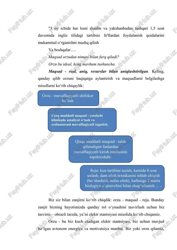 qiladi: vaqt, motivatsiya, ko‘nikmalar individual loyihalar uchun va qancha kilovattni qayerga va qachon yuborish kerakligini aniqlaydi. maqsad orzu ekanligi aniq bo‘ldi. agar orzu - bu diqqatga sazovor hissiy va motivatsion energiya bilan to‘ldirilgan chiroyli rasm bo‘lsa, unda maqsad bir xil rasm, ammo qaysi yillarda va oylarda pul, kvadrat metr, tashqi va ichki manbalar paydo bo‘lishini anglatadi. va esda tuting. orzu, maqsadlar va rejalar moslashuvchan bo‘lishi kerakligini unutmang, agar kerak bo‘lsa, ularga tuzatish kiriting. o‘z maqsadlaringiz va hayotingiz egalari bo‘ling! o‘zbekistonning yosh iste'dodi va g‘ururi, haqli ravishda hayot maqsadlariga erishishda pianinochi behzod abduraimovni namuna qilish mumkin. dunyoga mashhur pianist bexzod abduraimov 1990 yilda toshkent shahrida tug‘ilgan. u 5 yoshidan boshlab pianino chalishni o‘rganishni boshladi, u qat’iyatlilikni va xohlagan narsaga o‘rganishni va erishish istagini namoyish etdi. yosh pianinochi uspenskiy nomidagi respublika ixtisoslashtirilgan musiqiy akademik litseyida tahsil oldi. ba’zida 6-8 soat mashq qilib, maqsad va vazifalarni belgiladi. keyin u stanislav yudenich boshchiligidagi parkvil …