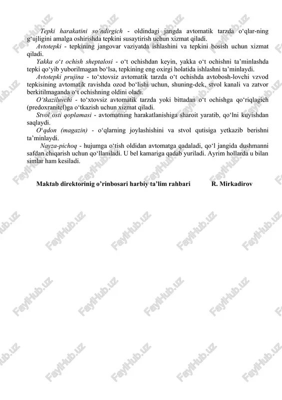 l jangida dushmanni safdan chiqarish uchun qo‘llaniladi. u bel kamariga qadab yuriladi. ayrim hollarda u bilan simlar ham kesiladi. maktab direktorinig o’rinbosari harbiy ta’lim rahbari r. mirkadirov “tasdiqlayman” parkent tumani 37-sonli maktab direktori m.q. anvarova 20___ yil. “___” _________________ dars rejasi o’quv predmetining nomi: “chaqiruvga qadar boshlang’ich tayyorgarlik” 3-mavzu. harbiy ish asoslari. 10-mashg'ulot. kalashnikov avtomatining asosiy qism va mehanizmlari, hamda ularning vazifasi. mashg’ulot o’tish maqsadi: o’quvchilarga kalashnikov avtomatining asosiy qism va mehanizmlari, hamda ularning vazifasi to’g’risida tushunchalar berish. mashg’ulot savolli: 1. kalashnikov avtomatining asosiy qism va mehanizmlari, hamda ularning vazifasi. mashg’ulot o’tish uslubi: nazariy. mashg’ulot o’tish joyi: chqbt sinfi. darsga ajratilgan vaqt: 45 daqiqa foydalanilgan adabiyotlar: “chaqiruvga qadar boshlang‘ich tayyorgarlik” 10-sinf 133-144 betlari “ilm ziyo” nashriyot uyi, 2017-yil. t/r mashg’ulot bosqichlari ajratilgan vaqt mashg’ulot mazmuni ta’lim metodlari ta’lim vositalari 1. tashkiliy qism 3 daqiqa guruh komandiridan guruhhi mashg’lotga tayoligi to’g’risida bildiruv qabul qilish,o’quvchilarni darsga tayorligini tekshirish. mashg’ulotda qatnashayotgan o’quvchilarni davomatini …