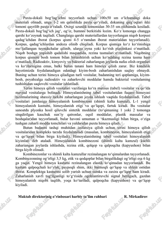 ikastlangan quti boshqasiga almashtiriladi. agar gazdan himoyalanish niqobi bodmasa, u buzuq bo‘lsa, nafas olish organlarini radioaktiv chang va bakterial vositalardan himoya qilish uchun respiratorlar, paxta-doka, bog‘ichlar, changga qarshi to‘qima niqoblar ishlatiladi. ammo ular zaharli moddalardan saqlay olmaydi. korxonalarda ishlab chiqarish changlaridan himoyalanish uchun turli xildagi changga qarshi respiratorlardan foydalaniladi. har qanday niqob yarim niqobdan va unga montaj qilingan filtrlovchi elementdan (filtrlovchi respirator qutisidan) iborat. ba’zi turdagi niqoblarda filtr vazifasini yuz qismining materiali o‘taydi. ularning gazdan himoyalanish niqoblaridan afzal tomonlari shundaki, ular nafas olishga kam qarshilik ko‘rsatadi, yengil, tuzilishi oddiy va bahosi arzon bo‘ladi. niqoblarning tuzilishi oddiy bo‘lganligi uchun ulardan foydalanish ham qulaydir. nafas olish organlarini zaharli moddalardan himoya qilishning eng oddiy usullaridan biri paxta-doka materialidan tayyorlangan, changga qarshi taqiladigan niqobdir. bu niqob radioaktiv changlar va bakterial aerozollardan himoya qiladi. paxta-dokali bog‘lag‘ichni tayyorlash uchun 100x50 sm o‘lchamdagi doka materiali olinadi, unga 1-2 sm qalinlikda paxta qo‘yiladi, dokaning qirg‘oqlari ikki tomoni qayrilib …