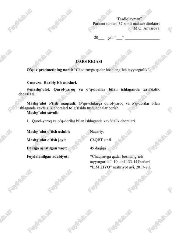 larini yetkazish. olgan baholarini sinf jurnaliga va o’quvchilarni kundaliklariga o’yish. - 6. uyga vazifalar berish 2 daqiqa keyngi mashg’ulot qaerda bo’lishini, qanday mavzu o’tilishini etkazish. - - maktab direktorinig o’rinbosari harbiy ta’lim rahbari: r. mirkadirov