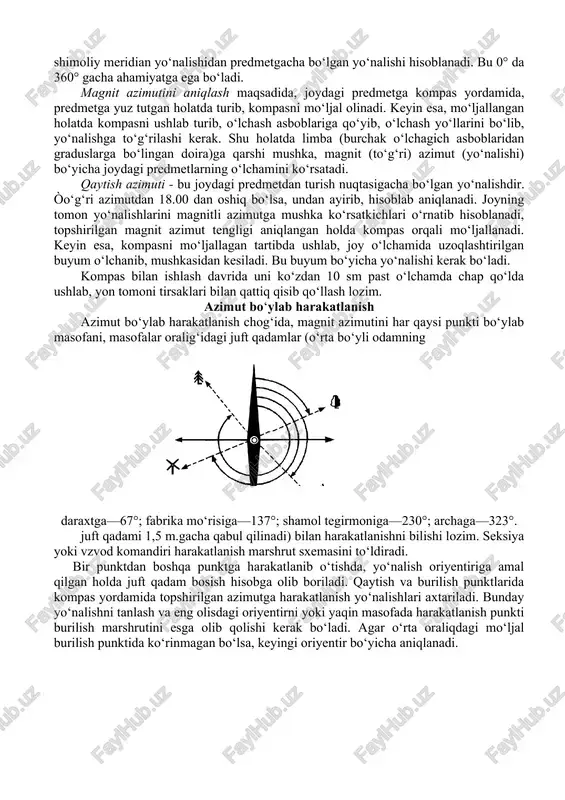 hap qo‘lda ushlab, yon tomoni tirsaklari bilan qattiq qisib qo‘llash lozim. azimut bo‘ylab harakatlanish azimut bo‘ylab harakatlanish chog‘ida, magnit azimutini har qaysi punkti bo‘ylab masofani, masofalar oralig‘idagi juft qadamlar (o‘rta bo‘yli odamning daraxtga—67°; fabrika mo‘risiga—137°; shamol tegirmoniga—230°; archaga—323°. juft qadami 1,5 m.gacha qabul qilinadi) bilan harakatlanishni bilishi lozim. seksiya yoki vzvod komandiri harakatlanish marshrut sxemasini to‘ldiradi. bir punktdan boshqa punktga harakatlanib o‘tishda, yo‘nalish oriyentiriga amal qilgan holda juft qadam bosish hisobga olib boriladi. qaytish va burilish punktlarida kompas yordamida topshirilgan azimutga harakatlanish yo‘nalishlari axtariladi. bunday yo‘nalishni tanlash va eng olisdagi oriyentirni yoki yaqin masofada harakatlanish punkti burilish marshrutini esga olib qolishi kerak bo‘ladi. agar o‘rta oraliqdagi mo‘ljal burilish punktida ko‘rinmagan bo‘lsa, keyingi oriyentir bo‘yicha aniqlanadi. ¹3 ¹4 ¹1 ¹2 80° 88° 78° 610 j.q. 560 j.q. 850 j.q. t/r yo‘nalish hududi gradus magnit hududi juft qadamdagi masofa 1. saroy—minora 80° 610 2. saroy—tomorqa 88° 560 3. tomorqa—yakka daraxt 78° 850 …
