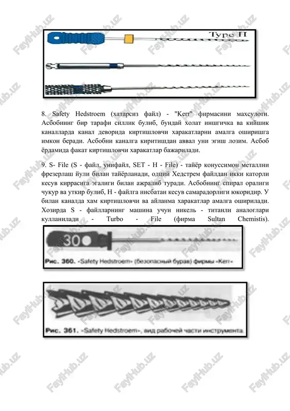chukur va utkir bulib, n - faĭlga nisbatan kesuv samaradorligi yukoridir. u bilan kanalda xam kirtishlovchi va aĭlanma xarakatlar amalga oshiriladi. xozirda s - faĭllarning mashina uchun nikel - titanli analoglari kullaniladi - turbo - file (firma sultan chemistis). 10. “ kalamush dumi” rashpili(ka8r) iso buĭicha simvoli tuzilishi: rashpil - bu utkir tishli asbobdir. 50 maĭda tishchalar ko­ nussimon asbob uzagida tugri burchak ostida, spiralsimon shaklda joĭlashadi. bundaĭ joĭlashish ogirlik kuchini bir tekisda taksimlash effektini beradi. tishchalarning bundaĭ joĭlashishi dentinga ishlov berish uchun kulaĭdir-asbobning uchki kismi yumaloklashgan, tishchalarga zga emas.u aerokosmik texnologiyalar asosida ishlab chikarilgan juda egiluvchan maxsus scs ëki “kukunsimon” pulatdan taĭërlangan. bu asbob bilan ishlagandan sung kanal devorlariga n- file ëki k- file bilan silliklash lozim. asbob ërdamida kanal kengaĭtiriladi va kanaldagi pulpa tukimasi olib tashlanadi. endodontik asboblar uchun maxsus dastaklar talab etiladi. xar uch xil tipda buladi: birinchi tip kamayuvchi rakamlar kurinishida bulib (odatda 4-10:1), endodontik asbobni …