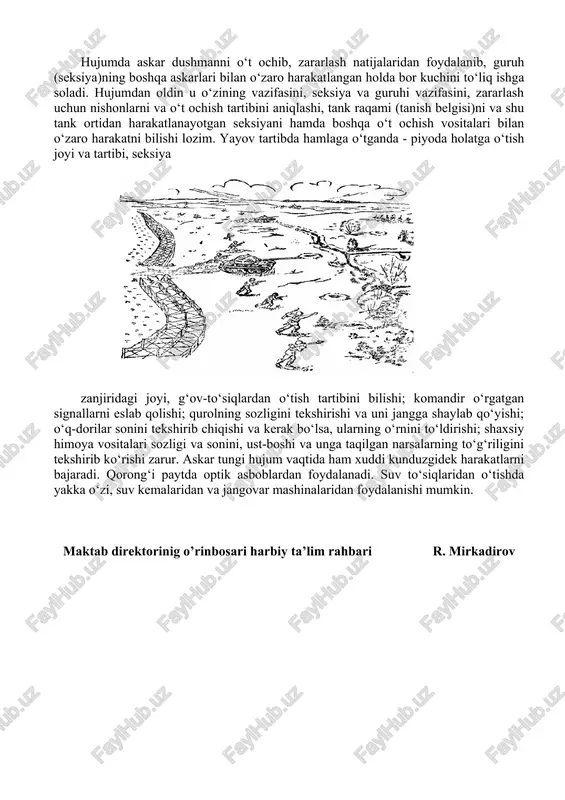 dalanishi mumkin. maktab direktorinig o’rinbosari harbiy ta’lim rahbari r. mirkadirov “tasdiqlayman” parkent tumani 37-sonli maktab direktori m.q. anvarova 20___ yil. “___” _________________ dars rejasi o’quv predmetining nomi: “chaqiruvga qadar boshlang’ich tayyorgarlik” 3-mavzu. harbiy ish asoslari. 3-mashg'ulot. askarning jangdagi harakaaatlari. mashg’ulot o’tish maqsadi: o’quvchilarga mudofaada olovli pozitsiya haqida tushuncha, uni tanlashning tartibi, holatini egallash, jihozlanishi va mudofaaga mahaliiy predlarni moslashtirish, o’q otish sektorini tozalash va okopni niqoblash to’g’risida tushunchalar berish. mashg’ulot savollari: 1. mudofaada olovli pozitsiya haqida tushuncha. 2. uni tanlashning tartibi, holatini egallash, jihozlanishi. 3. mudofaaga mahaliiy predlarni moslashtirish, o’q otish sektorini tozalash va okopni niqoblash. mashg’ulot o’tish uslubi: nazariy. mashg’ulot o’tish joyi: chqbt sinfi. darsga ajratilgan vaqt: 45 daqiqa foydalanilgan adabiyot: “chaqiruvga qadar boshlang‘ich tayyorgarlik” 10-sinf 103-107 betlari “ilm ziyo” nashriyot uyi, 2017-yil. t/r mashg’ulot bosqichlari ajratilgan vaqt mashg’ulot mazmuni ta’lim metodlari ta’lim vositalari 1. tashkiliy qism 3 daqiqa guruh komandiridan guruhhi mashg’lotga tayoligi to’g’risida bildiruv qabul qilish,o’quvchilarni darsga …