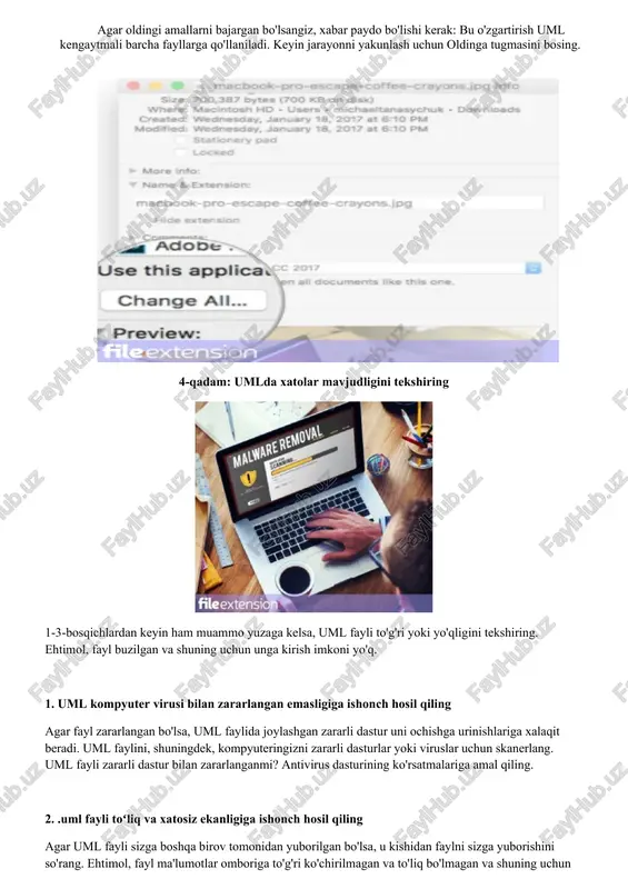 n yuklab olayotganda xatolik yuz berishi mumkin, natijada fayl tugallanmagan. faylni qayta yuklashga harakat qiling. 3. tegishli ruxsatlarga ega ekanligingizga ishonch hosil qiling ba'zi fayllar ularni ochish uchun yuqori ruxsatlarni talab qiladi. administrator hisobi yordamida tizimga kiring va bu muammoni hal qiladimi yoki yo'qligini tekshiring. 4. tizimda magicdraw dasturini ishga tushirish uchun yetarli resurslar mavjudligiga ishonch hosil qiling agar tizim juda yuklangan bo'lsa, u uml kengaytmali fayllarni ochish uchun foydalanadigan dasturni bajara olmasligi mumkin. bunday holda, boshqa ilovalarni yoping. 5. eng so'nggi drayverlarga, tizim yangilanishlariga va yamoqlarga ega ekanligingizga ishonch hosil qiling muntazam ravishda yangilanadigan tizim, drayverlar va dasturlar kompyuteringizni xavfsiz saqlaydi. shuningdek, u uml data object model fayllari bilan bog'liq muammolarni oldini oladi. uml fayllari ba'zi tizim xatolarini tuzatuvchi yangilangan dasturiy ta'minot bilan to'g'ri ishlayotgan bo'lishi mumkin. yordam bermoqchimisiz? agar sizda uml fayl kengaytmasi haqida qoʻshimcha maʼlumotga ega boʻlsangiz, uni saytimiz foydalanuvchilari bilan baham koʻrsangiz, minnatdor boʻlamiz. shakldan foydalaning …
