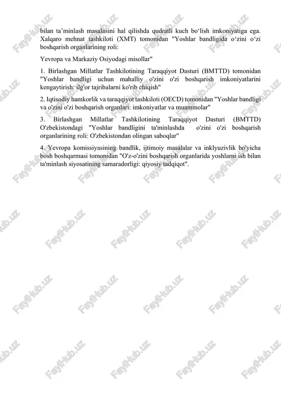 im etish orqali yoshlar bandligini taʼminlashda muhim rol oʻynashi mumkin. yoshlarga o‘zini o‘zi boshqarish organlarining qarorlar qabul qilish jarayonlarida ishtirok etish imkoniyati berilsa, ular o‘z hayotlariga vakolatlilik va egalik tuyg‘usini rivojlantirishi hamda o‘z jamiyatlariga ko‘proq sarmoya kiritishlari mumkin. xususan, o‘zini-o‘zi boshqarish organlarida ishtirok etish yoshlarda muloqot qilish, nizolarni hal qilish va jamoada ishlash kabi ko‘nikmalarni shakllantirishga yordam beradi, bularning barchasi ish beruvchilar tomonidan yuqori baholanadi. o‘zini o‘zi boshqarish organlarida xxi asrda sotsiologiya va ijtimoiy ishning dolzarb muammolari stajirovka o‘tash yoki ko‘ngillilik faoliyati orqali amaliy ish tajribasini orttirish orqali yoshlar ish joyida muvaffaqiyatga erishish uchun zarur bo‘lgan ko‘nikma va tajribani ham rivojlantirishi mumkin. bundan tashqari, o'zini o'zi boshqarish organlari, masalan, tadbirkorlar tomonidan yoshlar uchun ish o'rinlari yaratishi va jamiyatda yoshlar boshchiligidagi korxonalar sonini ko'paytirishi mumkin. bu, o‘z navbatida, iqtisodiy imkoniyatlarning oshishiga va butun jamiyatning farovonligiga olib kelishi mumkin. o’zini-oʻzi boshqarish organlari yoshlarga koʻnikmalarni rivojlantirish, amaliy tajriba orttirish va oʻz jamoalari ichida …