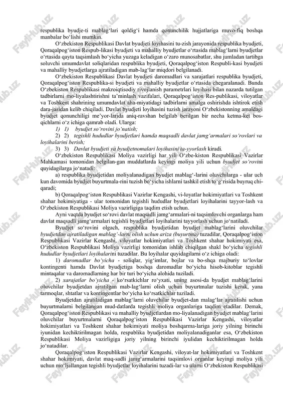 udjetdan mablag‘larni maqsadli yo‘nalti-rilgan holda ajratish uchun imkon beradi. byudjetni tuzish va ijro etish ijroiya hokimiyati organla-rining funksiyalari bo‘lib, byudjetni ko‘rib chiqish, tasdiqlash va nazorat etish vakolatli hokimiyat organlari vazifasidir. vakillik va ijroiya hokimiyati organlari o‘rtasida vako-latlarni chegaralash tamoyili mana shunda namoyon bo‘ladi. bu tamoyilning roli shundan iboratki, byudjet jarayonida vakil-lik va ijroiya hokimiyati organlarining faoliyati takrorlan-maydi. bundan tashqari, nafaqat byudjetni ijro etish, balki byudjetni ko‘rib chiqish va tasdiqlash jarayonida ham vakillik organlari tomonidan amalga oshiriladigan nazorat davlat mar-kazlashtirilgan pul jamg‘armalari mablag‘larining eng oqilona ravishda taqsimlanishi va ulardan qat’iy belgilangan maqsad-lar bo‘yicha foydalanilishi uchun jiddiy kafolat bo‘la oladi. byudjet jarayonining barcha bosqichlarida byudjet ko‘rsat-kichlarini ixtisoslashtirish tamoyili amal qiladi. bu ta-moyilning mohiyati byudjet daromadlarini - ularning kelib tu-shish manbalari bo‘yicha, xarajatlarini esa - ulardan foydala-nish yo‘nalishlari bo‘yicha aniqlashtirishdan iborat bo‘lib, bu byudjet tasnifi orqali amalga oshiriladi. byudjet tasnifi davlat byudjeti tuzilmasiga kiruvchi byudjetlar daromadlari va xarajatlari hamda uning taqchil-ligini moliyalashtirish manbalarini …