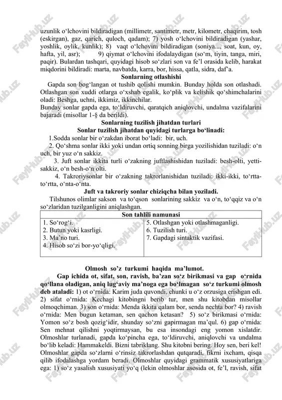 miqdor songa -tacha qo‘shimchasini qo‘shish bilan: o‘ntacha mashina; 2) miqdor songa -lar, -larcha qo‘shimchasini qo‘shish bilan: soat o‘nbirlar edi. yuzlarcha bola yig‘ildi. 3) miqdor songa -lab qo‘shimchasini qo‘shish bilan: minglab odam; 4) ikki miqdor sonni juft keltirish bilan: besh-olti, uch-to‘rt. 5. jamlovchi son narsa-buyumning umumiy sonini bildiradi va midor songa quyidagi qo‘shimchalarni qo‘shish bilan yasaladi: 1) -ov qo‘shimchasini qo‘shish bilan: uchovi, to‘rtovi; 2) -ala qo‘shimchasini qo‘shish bilan: ikkala, uchala; 3) -ovlon qo‘shimchasini qo‘shish bilan: beshovlon, oltovlon; ikki, olti, yetti miqdor sonlaridan jamlovchi son hosil qilinganda, o‘zakdagi i tovushi tushib qoladi: ikkovi, oltovi, yettovi. uch, to‘rt sonlariga –ala qo‘shilganda, uchchala, to‘rttala tarzida aytilsa ham, uchala, to‘rtala deb yoziladi. jamlovchi sonlar ko‘pincha 1 dan 7 gacha bo‘lgan sonlardan yasaladi (nutqda o‘nala, o‘novi shakllari uchraydi) va ular ma’no jihatidan otlarga yaqin turadi. 6. taqsim son narsa-buyumlarning taqsimlanish miqdorini anglatadi va miqdor songa -tadan qo‘shimchasini qo‘shish bilan hosil qilinadi: ikkitadan, o‘ntadan, yuztadan. ba’zan miqdor …