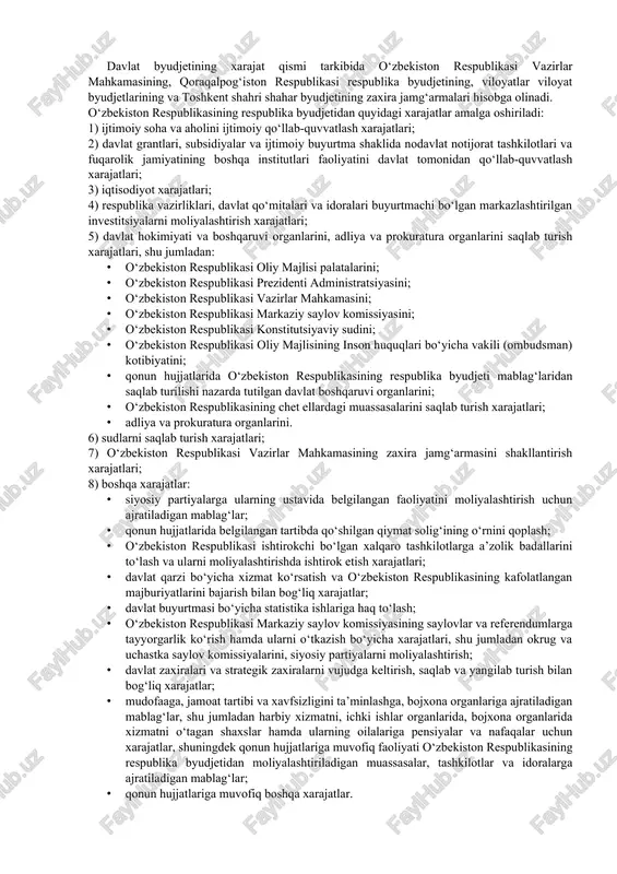 i organlarining ulushi bo‘yicha dividendlar (daromadlar) va qonunchilikka muvofiq boshqa daromadlar kiradi. o‘zbekiston respublikasining respublika byudjetidan ajratiladigan byudjetlararo transfertlar qoraqalpog‘iston respublikasi respublika byudjetining, viloyatlar viloyat byudjetlarining va toshkent shahri shahar byudjetining daromadlari hisoblanadi. o‘zbekiston respublikasining respublika byudjetiga tushadigan ayrim soliqlar va boshqa daromadlar qoraqalpog‘iston respublikasining respublika byudjetiga, viloyatlarning viloyat byudjetlariga, toshkent shahrining shahar byudjetiga qonunchilikda belgilangan miqdorlarda va tartibda taqsimlanishi mumkin. soliqlar va boshqa daromadlar belgilangan normativlarga muvofiq qoraqalpog‘iston respublikasining respublika byudjeti, viloyatlarning viloyat byudjetlari, toshkent shahrining shahar byudjeti hamda tumanlar va shaharlar byudjetlari o‘rtasida qayta taqsimlanishi mumkin. davlat byudjeti daromadlari bir butun holda soliq to‘lovlari hisobidan shakllantirilib, ularning salmog‘i, qayd etilganidek, uning umumiy daromadlarining 80 foizidan ortig‘ini tashkil etadi. davlatning moliyaviy xarajatlari bo‘lib, davlatning o‘z funksiyalarini bajarishi bilan bog‘liq bo‘lgan ehtiyojlarini qondirish uchun markazlashtirilgan va markazlashtirilmagan pul jamg‘armalarini taqsimlash hamda ulardan uzluksiz ravishda foydalanish bo‘yicha huquq normalari bilan tartibga solingan iqtisodiy munosabatlarni ifodalaydi. davlat xarajatlari iqtisodiy mazmuni bo‘yicha uch …