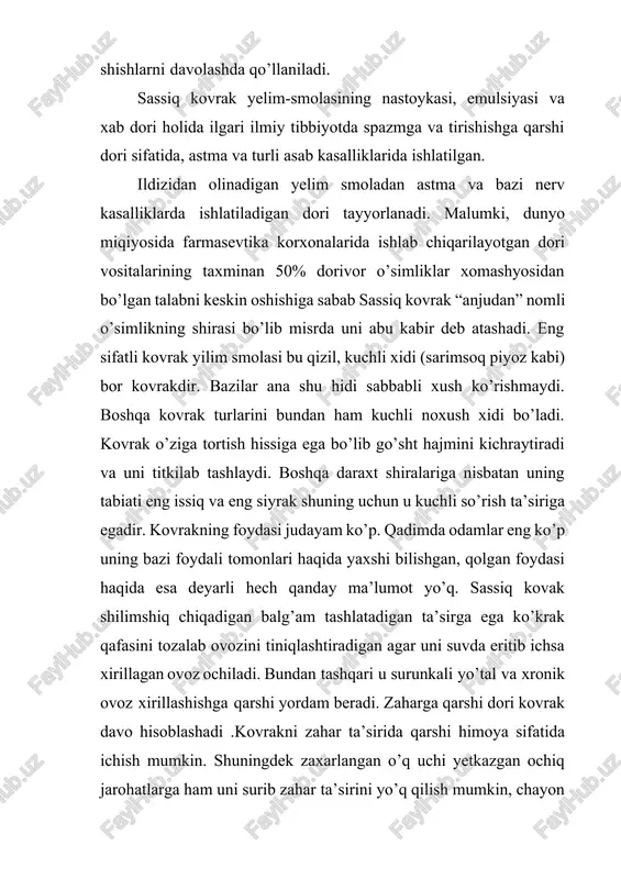 irishi kerak. oddiy falajlik va bel og’riqlarida, asablar zaiflashganda ham yordam beradi. agar uni suyuq dori sifatida ichsa yoki malham dori sifatida surtsa son boldirlarga og’riqlarni bartaraf etadi. sassiq kovrak qonni tozalaydi va bezgakni yo’q qiladi. ichga qabul qilganda kovrak boldirlarni chiqaradi, qorin bo’shlig’ida turib qolgan qonni tozalaydi. kovrakni juda ko’p ajoyibotlari bor, sanchiqlarni yoq qiladi, surunkali diareyadan aziyat chekayotgan bemorlar uni 2 gr miqdorda tanovvul qilib dardlaridan qutilishlari mumkin. ichaklardagi yaralarni davolashda yordam beradi, ichdagi qurtlarni chiqaradi. bundan tashqari, u jigar va oshqozon uchun ham foydalidir. u ichki shishlarni jumladan zararli suyuqliklarni so’rishda yordam beradi. istiqso sariq kasali bor bemorlarda taloq shamollashini davolaydi va organizimda ushlanib qolgan zararli bug’larni (bod va suyuqlik zarrachalarini chiqartiradi. bavosilni yo’q qilishda ham yordam beradi, ya’ni uni kichraytirib quritadi. xeltit siydik haydovchi vosita hisoblanadi. agar uni qalampirga aralashtirib yesa u to’xtab qolgan siydikni chiqaradi. turli xil havfli va qattiq bo’lib qolgan o’smalarni yo’q qilishda …