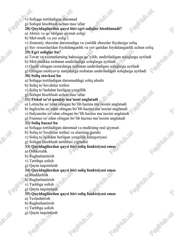 dan olingan bo’lib hazina ma’nosini anglatadi g) fransuz so’zdan olingan bo’lib hazina ma’nosini anglatadi 32) soliq bazasi bu a) soliqqa tortiladigan daromad va mulkning real qiymati b) soliq to’lovchilar toifasi va ularning guruhi v) soliq to’lashdan berilgan yengillik kategoriyasi g) soliqni hisoblash tartiblari yigindisi 33) quyidagilardan qaysi biri soliq funktsiyasi emas a) oshkoralik b) ragbatlantirish v) tartibga solish g) qayta taqsimlash 34) quyidagilardan qaysi biri soliq funktsiyasi emas a) muddatlilik b) ragbatlantirish v) tartibga solish g) qayta taqsimlash 35) quyidagilardan qaysi biri soliq funktsiyasi emas a) tezlashtirish b) ragbatlantirish v) tartibga solish g) qayta taqsimlash 36) quyidagilardan qaysi biri soliq funktsiyasi emas a) hamkorlilik b) ragbatlantirish v) tartibga solish g) qayta taqsimlash 37) quyidagilardan qaysi biri soliqlarning fiscal funktsiyasi a) soliqlarning bu funktsiyasi ular tabiatining o’zi bilan belgilanib, begaraz davlat daromadlarini shakllantirishida namoyon bo’ladi b) soliqlar ijtimoiy ishlab chiqarish, uning tuzilmasi va dinamikasi, fan-texnika taraqqiyotini tezlashtirishga iqtisodiy ta’sir korsatuvchi muhim …