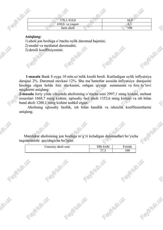 4,2 har bir davr uchun aniqlang: 1) jon boshiga o’rtacha oylik daromadni; 2) mutlaq tarkibiy siljishlarning chiziqli koeffitsiyentini; 3) modal va medianal daromadlarni; 4) quyi va yuqori detsilini; 1-masala ish haqi fondi 1 mlrd so’mdan 2 mlrd so’mga, ishchilar soni esa 290 mingdan 310 ming kishiga ko’paydi. baho 2%ga oshgan bo’lsa, real ish haqi qanchaga o’zgargan ? 2-masala hisobot davrida tuman ishchilarining o’rtacha oylik ish haqi bazis davrda 348297 so’mni, joriy davrda esa 408020 so’mni tashkil etib, shu davrda iste’mol baholari indeksi 2,01 martaga oshdi. real ish haqi indeksini hisoblang. tuman bo’yicha quyidagi ma’lumotlar keltirilgan: ekin turlari ekin maydoni, ga o’rtacha hosildorlik, s/ga bazis davri hisobot davri bazis davri hisobot davri bug’doy 11270 11481 27.8 27.3 arpa 860 903 10.0 14.4 sholi 766 1190 24.2 28.4 aniqlang: 1) don mahsulotlarining yalpi hosilini; 2) yalpi hosilning mutlaq o’zgarishini; 3) yalpi hosilni o’zgarishiga ta’sir etuvchi omillarni; 4) o’rtacha hosildorlikni mutloq va nisbiy …