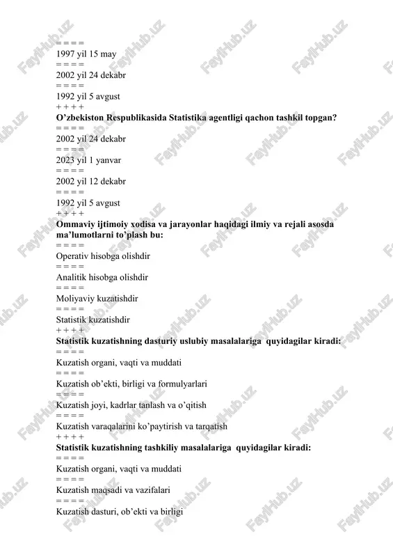 shtirmalik = = = = alohidalilik va xususiylik = = = = aniqlik va to’g’rilik + + + + o’rganilayotgan xodisalar xaqida ma’lumotlarni qayd qiluvchi va to’plovchi shaxs bu: = = = = kuzatish sub’ektidir = = = = kuzatish ob’ektidir = = = = kuzatish birligidir = = = = kuzatish to’plamidir + + + + kuzatish ma’lumotlarini qayd qiladigan xujjat bu: = = = = statistik instruktsiyadir = = = = statistik spravkadir = = = = statistik normativdir = = = = statistik formulyardir + + + + kuzatish birligi joylashgan makon bu = = = = kuzatish vaqti = = = = kuzatish joyi = = = = kuzatish ob’ekti = = = = kuzatish sub’ekti + + + + kuzatish tenglashtirilgan fursat (payt) va o’tkaziladigan muddat bu = = = = kuzatish birligi = = = = kuzatish davomiyligi = = = = kuzatish vaqti …