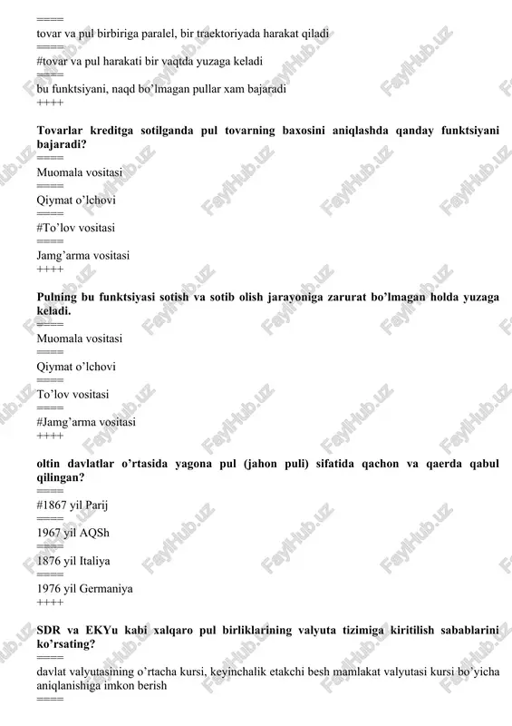 1904 yilda ==== germaniyada birinchi bo’lib 1920 yilda ==== #aqsh da birinchi bo’lib 1914 yilda ==== italiyada birinchi bo’lib 1938 yilda ++++ pul funktsiyalariga va to’lov turiga ko’ra pul aylanmasi necha turga bo’linadi? ==== halqaro pul aylanmasi ==== #naqd pul aylanmasi va naqd pulsiz pul aylanmasi ==== tovarlarni ayirboshlash ==== pul aylanmasi turlarga bo’linmaydi ++++ plastik kartochkaning mijozlar uchun afzallik tomonlari ==== mablag’lar qoldig’iga hisoblanadigan foiz ko’rinishidagi qo’shimcha daromad va hisob-kitoblarning tezkorligi; ==== #hisob-kitoblarning tezkorligi; ==== bank plastik kartochkalarida saqlanayotgan axborotning maxfiyligi ==== hisob-kitoblar sekinlashadi ++++ pul aylanmasining asosiy qismini nima tashkil etadi? ==== #naqd pul aylanmasi va naqd pulsiz pul aylanmasi ==== halqaro pul aylanmasi ==== tovarlarni ayirboshlash ==== pul aylanmasi turlarga bo’linmaydi ++++ to’lovchi korxonaning uning bankdagi hisobvarag’idan pul mablag’larining ma’lum bir summasini boshqa mijozning hisobvarag’iga o’tkazish haqida o’ziga xizmat ko’rsatuvchi bankka bergan yozma topshirig’i qanday amalga oshiriladi? ==== #to’lov topshiriqnomasi orqali ==== to’lov talabnomasi orqali ==== plastik …