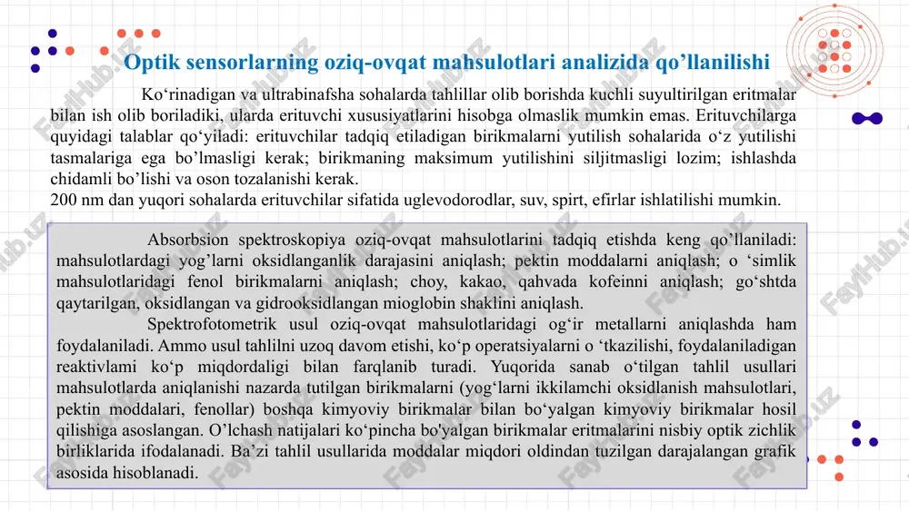 m o‘tkazgich, shisha quyish, insektitsid, fungitsid ishlab chiqaruvchi korxonalar hisoblanadi. radioaktiv ifloslanish. radiaktivlik manbai bo‘lib atmosfera, yomg‘ir, shamol, tuproq, o‘simlik, hayvon hisoblanadi. asosiylariga 40k, 238u, 232th kiradi. optik sensorlarning sinflanishi. dioksinlar — kuchli zaharli birikma bo‘lib mutagen, kanserogen va teratogen xossaga ega. oziq-ovqat mahsulotlariga asosiy xavf soluvchi modda hisoblanadi. dioksinlar plastmassa, pestitsid, qog‘oz, defolyant ishlab chiqarish korxonalari chiqindisi hisoblanadi. veytnam urushida (1962-1971) amerika harbiy havo kuchlari janubiy veytnamga 57 ming tonna defolyant — «oranjevogo reagenta» yog‘dirgan, uni tarkibida 170 kg dioksin (t. e. 0,0003%) bo‘lgan. natijada onkologik kasallik bilan kasallanish ko‘paygan. shundan so‘ng, buning oqibati insoniyat uchun xavfliligi aniqlangan. dioksinlar chiqindilarni yoqishda, avtomobillardan chiqadi. o‘simliklar himoyasida qo‘llaniladigan ximikatlar ham ifloslantiruvchi xavflarga kiradi. bularga pestitsidlar, o‘g‘itlar, o‘stirish regulyatorlari va boshqalar kiradi. chorvachilikda qo‘llaniladigan antibakterial moddalar (antibiotiklar, sulfanilamidlar, nitrofuranlar) gormonal preparatlar, trankvilizatorlar (tinchlantiruvchi modda), antioksidantlar va boshqalar. tabiiy toksikantlar. bularga bakterial toksinlar, mikotoksinlar va boshqalar kiradi. bu moddalar bakteriya va zamburug‘larni rivojlanishi …