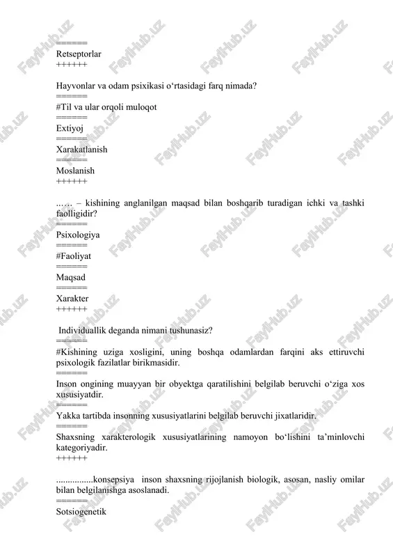 an odam ++++++ odam psixikasining boshqarish markazini aniqlang ====== perefirik nerv sistemasi ====== orqa miya ====== vegetativ nerv sistemasi ====== #bosh miya va yarim sharlar po`stlog`i ++++++ ong nima ====== #ong ijtimoiy tarixiy taraqqiyot natijasida o`zaro munosabatlar natijasida o`zaro munosabatlar va mehnat jarayonida paydo bo`lgan psixikaning yuqori darajasidir ====== insonni, borliqni bilishga yo`naltirilgan faolligidir ====== tevarak –atrofimizdagi olam haqidagi fikrlarimiz o`ylarimiz to`plamidir ====== tizimning ijtimoiy, jismoniy, aqliy operatsiyalarimizning xususiyatlari ++++++ har qanday kishining inson zotiga mansubligini qaysi tushuncha ifodalaydi ====== jonzot ====== #individ ====== individuallik ====== inson zoti ++++++ psixik xususiyatlarga nimalar kiradi? ====== his-tuyg`u, kayfiyat ====== #temperament, xarakter ====== sezgi, diqqat, xotira ====== shartli refleks ++++++ shaxs deb nimaga aytiladi? ====== ijtimoiy munosabatlar yig`indisidir ====== #ma`lum jamiyatning a`zosi, shu jamiyat a`zolari bilan ijtimoiy munosabatlarga kirishadigan konkret odam ====== jismoniy harakatlar qila oladigan zot ====== aqliy mehnat qilish qobiliyatiga ega inson ++++++ o`z menligini anglagan, atrof muhitga o`z ta`sirini o`tkaza …