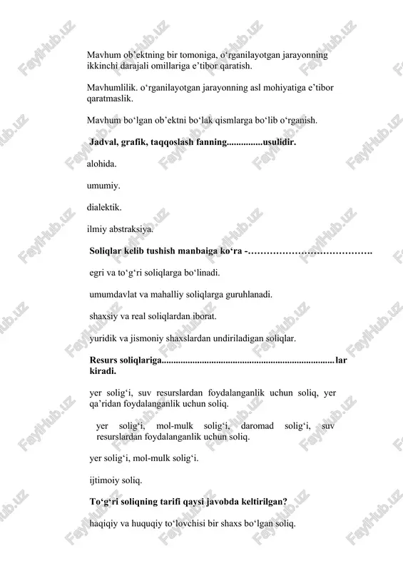 yer solig‘i, mol-mulk solig‘i aylanmadan olinadigan soliq, yer solig‘i, suv resurslaridan foydalanganlik uchun soliq, mol-mulk solig‘i. jismoniy shaxslar daromad solig‘i, foyda solig‘i, aksiz solig‘i. foyda solig‘i, resurs solig‘i, mol-mulk solig‘i, davlat boji oborotdan olinadigan soliqlar qaysi javobda to‘g‘ri ko‘rsatilgan? qqs va foyda solig‘i. aksiz solig‘i, foyda solig‘i, mol-mulk solig‘i va qqc. mol-mulk va daromad solig‘i. qqs, aksiz solig‘i, bojxona bojlari. daromaddan olinadigan soliqlar qaysi javobda to‘liq keltirilgan? foyda solig‘i, jismoniy shaxslardan olinadigan daromad solig‘i. yuridik shaxslardan olinadigan foyda solig‘i, mol-mulk solig‘i va jismoniy shaxslardan daromad solig‘i. yuridik shaxslardan olinadigan foyda solig‘i, jismoniy shaxslardan olinadigan daromad solig‘i, yer va mol-mulk soliqlari. qqs va jismoniy shaxslardan olinadigan daromad solig‘i. soliqlarning soliqqa tortish ob’ektiga ko‘ra guruhlanishi qaysi bandda to‘g‘ri ko‘rsatilgan? oborotdan, daromaddan, mol-mulk qiymatlaridan olinadigan soliqlar. umumdavlat va mahalliy soliqlar. .egri va to‘g‘ri soliqlar. yuridik va jismoniy shaxslardan olingan soliqlar. qaysi soliq turlar guruhida soliqlarning haqiqiy va huquqiy to‘lovchisi farqlanadi? egri soliqlarda. to‘g‘ri …