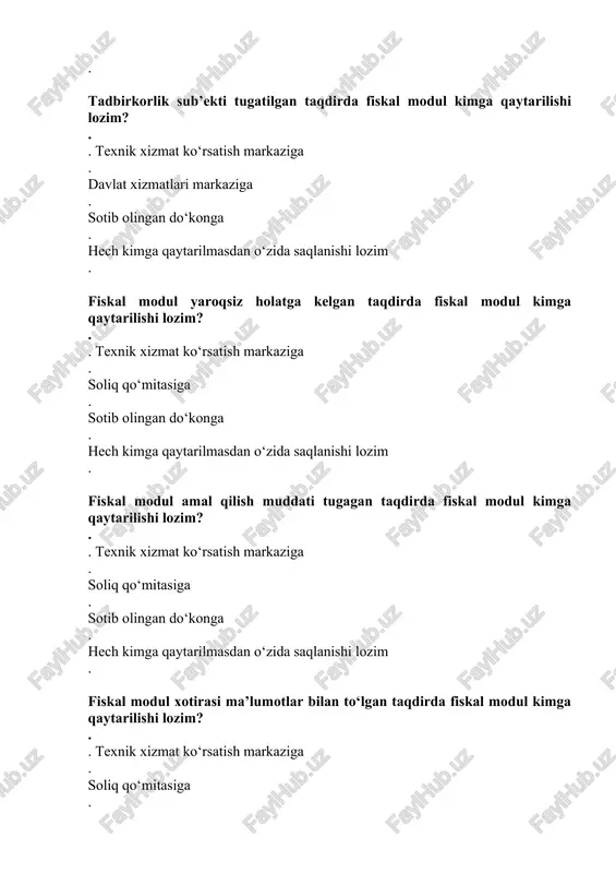 elektron raqamli imzo kaliti orqali . offline orqali . internet tarmog‘isiz kirish imkoniyati mavjud . faqat o‘zining shaxsiy kompyuterida . ko‘chma savdo faoliyatini amalga oshiruvchi tadbirkorlik sub’ektlari onlayn-nkm yoki virtual kassalari qaerdan ro‘yxatdan o‘tkaziladi? . . o‘zlari ro‘yxatdan o‘tgan joy bo‘yicha tuman, shahar davlat soliq inspeksiyalaridan . ko‘chma savdo faoliyatini amalga oshiradigan bo‘lsa ushbu viloyat soliq boshqarmasidan . davlat xizmatlari markazidan . soliq qo‘mitasidan . texnik xizmat ko‘rsatish markazi tomonidan tadbirkorlik sub’ekti taqdim etgan ma’lumotlari qancha muddatda o‘rganib chiqiladi? . . hujjatlar qabul qilingan vaqtdan boshlab 4 ish soat ichida . hujjatlar qabul qilingan vaqtdan boshlab 6 ish soat ichida . hujjatlar qabul qilingan vaqtdan boshlab 5 ish soat ichida . hujjatlar qabul qilingan vaqtdan boshlab 1 kun ichida . onlayn nazorat-kassa mashinalari yoki virtual kassa bo‘yicha ariza, maxsus axborot tizimida qayd etilgan vaqtdan boshlab davlat soliq xizmati organi tomonidan qancha vaqt ichida ko‘rib chiqiladi? . . sakkiz ish soati …