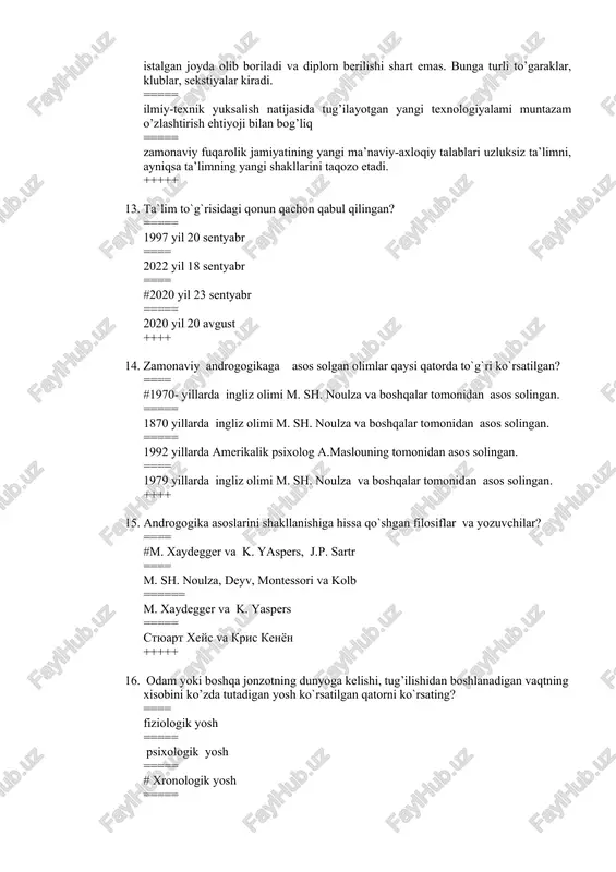 da ingliz olimi m. sh. noulza va boshqalar tomonidan asos solingan. ===== 1870 yillarda ingliz olimi m. sh. noulza va boshqalar tomonidan asos solingan. ===== 1992 yillarda amerikalik psixolog a.maslouning tomonidan asos solingan. ==== 1979 yillarda ingliz olimi m. sh. noulza va boshqalar tomonidan asos solingan. ++++ 15. androgogika asoslarini shakllanishiga hissa qo`shgan filosiflar va yozuvchilar? ==== #m. xaydegger va k. yaspers, j.p. sartr ==== m. sh. noulza, deyv, montessori va kolb ====== m. xaydegger va k. yaspers ===== styuart xeys va kris kenyon +++++ 16. odam yoki boshqa jonzotning dunyoga kelishi, tug’ilishidan boshlanadigan vaqtning xisobini ko’zda tutadigan yosh ko`rsatilgan qatorni ko`rsating? ==== fiziologik yosh ===== psixologik yosh ===== # xronologik yosh ===== biologic yosh +++++ 17. odamning jismoniy o’sishi va rivojlanish pallasi, deb e’tirof etilgan yosh qaysi qatorda to`g`ri ko`rsatilgan? ===== # biologik yosh ===== psixofizologik ===== androgogik ===== evtfgogik +++++ 18. konkret odamning individ, shaxs, sub’ektga oid birlashuvi, …