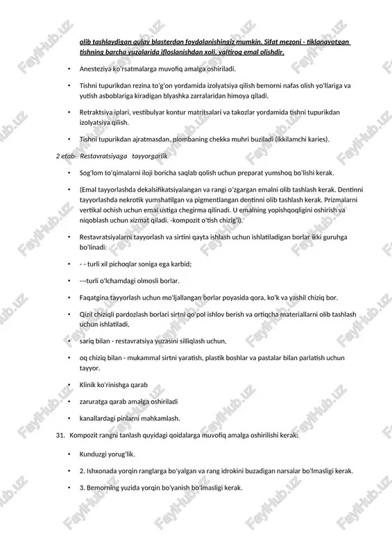 ich - emal va dentinga travitel qo’yish · 5-bosqich - emal va dentin yuzasiga adgezivni qo'llash · 6-bosqich - kompozitsiyaning bir qismini qo'shish va uni plastik modellashtirish · 7-bosqich - kompozitsiyaning bir qismini polimerizatsiya qilish · 8-bosqich - tiklashni tuzatish · 9-bosqich - silliqlash va pardozlash 27. 1 etab- restavratsiyaga tayyorgarlik · kislota gel va yopishtiruvchi tizimning tarkibiy qismlarining emal bilan to'g'ridan-to'g'ri aloqa qilishdan tashqari, tish yuzasidan tish karashini olib tashlash uchun professional og'iz gigienasi. · interdental bo'shliqlardan tish karashini olib tashlash uchun floslar tish ipi, so'ngra bosim ostida suv bilan tish yuzasiga surtiladigan abraziv kukun (soda asosidagi) yordamida blyashka olib tashlaydigan qulay blasterdan foydalanishingiz mumkin. sifat mezoni - tiklanayotgan tishning barcha yuzalarida ifloslanishdan xoli, yaltiroq emal olishdir. · anesteziya ko'rsatmalarga muvofiq amalga oshiriladi. · tishni tupurikdan rezina to'g'on yordamida izolyatsiya qilish bemorni nafas olish yo'llariga va yutish asboblariga kiradigan blyashka zarralaridan himoya qiladi. · retraktsiya iplari, vestibulyar kontur matritsalari …