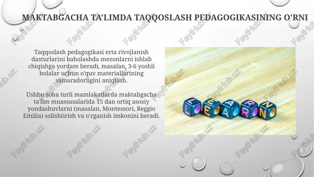 anishiga yo'naltirilgan, ularda mantiqiy fikrlash va muammolarni yechish qobiliyatlarini erta rivojlantiradi. “steam” yondashuvi maktabgacha ta’limda fan, texnologiya, injeneriya, san’at va matematikani integratsiyalash orqali 4-6 yoshli bolalarning ijodiy tafakkurini kuchaytiradi. taqqoslash pedagogikasining istiqbollari taqqoslash pedagogikasi istiqbollari 2030-yilga borib, inklyuziv ta'limning turli mamlakatlardagi erta rivojlanish dasturlarini o'rganish orqali samarali modellarni aniqlashni maqsad qiladi. kelajakda, taqqoslash pedagogikasi maktabgacha ta'lim sifatini oshirishda innovatsion texnologiyalarni (masalan, ar va vr) integratsiya qilish bo'yicha transmilliy tadqiqotlarni qo'llab-quvvatlaydi. xulosa va tavsiyalar xulosa qismida maktabgacha ta’lim tizimlaridagi farqlar aniqlandi, bu o’zaro tajriba almashish va ilg’or amaliyotlarni joriy etish imkonini beradi. 10 yillik istiqbolda ushbu tendensiya rivojlanishi kutilmoqda. tavsiyalarda pedagogik yondashuvlarni takomillashtirish uchun metodik qo’llanmalar ishlab chiqish va 3 yoshdan 6 yoshgacha bo’lgan bolalar uchun o’quv dasturlarini moslashtirish taklif etiladi, bu esa sifatni oshiradi. e'tiboringiz uchun rahmat image3.png image4.jpg image5.jpg image6.jpg image7.jpg image8.jpg image9.jpg image10.jpg image11.jpg image12.jpg image13.jpg image14.jpg image15.jpg image16.jpg image17.jpg image18.jpg image19.jpg image20.jpg image1.png