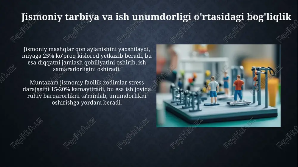 rajatlarini 10-12% ga qisqartiradi va ish vaqtini optimallashtiradi. ish joyida jismoniy tarbiya bo'yicha tavsiyalar ish joyida jismoniy tarbiya 15 daqiqalik mashqlarni o'z ichiga oladi, bu esa ish unumdorligini 10-15% ga oshirishi va xodimlarning charchashini kamaytirishi mumkin. o'rtacha og'irlikdagi jismoniy faollikni har kuni 30 daqiqaga oshirish, yurak-qon tomir kasalliklari xavfini 20-30 foizga kamaytirishi isbotlangan. xulosa va istiqbol rejalar jismoniy tarbiya sohasida 2024-2028 yillarda ilmiy-tadqiqot ishlarini 15% ga oshirish, innovatsion metodlarni ishlab chiqish va amaliyotga joriy etish rejalashtirilgan. kelajakda mehnat unumdorligini oshirish maqsadida har bir korxonada jismoniy tarbiya mashg'ulotlari uchun kamida 30 daqiqa ajratish bo'yicha qonuniy asoslar yaratish ko'zda tutilgan. e'tiboringiz uchun rahmat image2.jpg image3.jpg image4.jpg image5.jpg image6.jpg image7.jpg image8.jpg image9.jpg image10.jpg image11.jpg image12.jpg image13.jpg image14.jpg image15.jpg image16.jpg image17.jpg image18.jpg