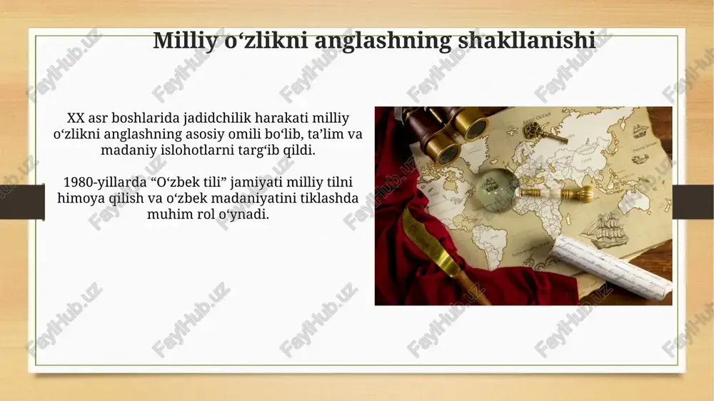 ar va imkoniyatlar 1992-1993-yillarda iqtisodiy inqiroz yalpi ichki mahsulotning sezilarli darajada qisqarishiga olib keldi, bu esa inflyatsiya va ishsizlikni keltirib chiqardi. sovet davridan meros bo'lib qolgan markazlashgan boshqaruv tizimidan bozor iqtisodiyotiga o'tishda jiddiy qiyinchiliklar yuzaga keldi. mustaqillik g‘oyalarining bugungi kundagi ahamiyati mustaqillik, 32 yildan so'ng, milliy o'zlikni anglash, madaniy merosni asrash va 2030 yilgacha barqaror rivojlanish maqsadlariga erishish uchun muhim ahamiyatga ega. iqtisodiy mustaqillik, 2022-2026 yillarda o'zbekiston taraqqiyot strategiyasini amalga oshirish, investitsiyalarni jalb etish va xalqaro bozorda raqobatbardoshlikni oshirish demakdir. e'tiboringiz uchun rahmat image7.jpg image8.jpg image9.jpg image10.jpg image11.jpg image12.jpg image13.jpg image14.jpg image15.jpg image16.jpg image17.jpg image18.jpg image19.jpg image20.jpg image21.jpg image22.jpg image23.jpg image3.png image4.png