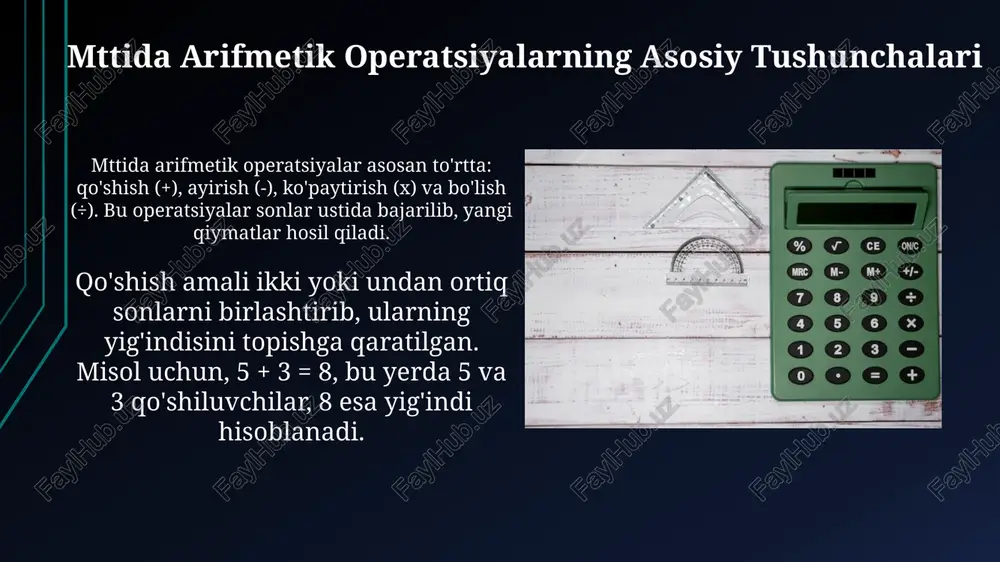 i teng taqsimlamoqchi bo'lsangiz, har bir do'stingiz 5 tadan olma oladi (15 / 3 = 5), bu bo'lish amali yordamida topiladi. agar sizda 7 ta kitob bo'lsa va yana 5 ta kitob sotib olsangiz, jami 12 ta kitobingiz bo'ladi (7 + 5 = 12). bu oddiy qo'shish amali bilan hisoblanadi. mttida arifmetikaning kundalik hayotdagi ahamiyati arifmetika kundalik xarajatlarni rejalashtirishda muhim: masalan, oylik daromad 2,000,000 so'm bo'lsa, har bir xarajatni hisoblash orqali budjet tuzish imkonini beradi. ovqat pishirishda arifmetika kerak: retseptda 1/2 stakan un bo'lsa, ikki barobar ko'p ovqat tayyorlash uchun 1 stakan un ishlatish lozimligini bilish uchun. xulosa va kelajakdagi yo'nalishlar kelajakda, mttida arifmetik amallarni o'rgatishda 10 likdan foydalanishni chuqurlashtirish, 0 dan 9 gacha raqamlarni tushunishni rivojlantirish muhim. mttida hisoblash usullarini takomillashtirish uchun raqamli texnologiyalardan foydalanish, masalan, interaktiv ilovalar va o'yinlar orqali 2 x 2 misollarni yechishni qulaylashtirish. e'tiboringiz uchun rahmat image1.jpg image2.jpg image3.jpg image4.jpg image5.jpg image6.jpg image7.jpg image8.jpg image9.jpg …