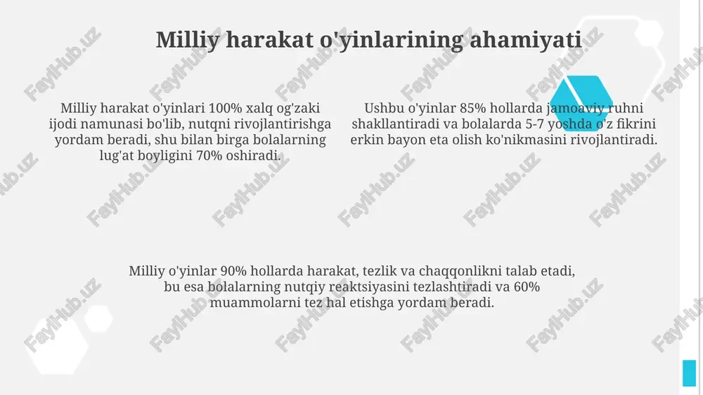 fikrlashni rivojlantirishda "scamper" texnikasi muhim ahamiyatga ega, bunda 7 ta element (o'rnini bosish, birlashtirish, moslashish, o'zgartirish, maqsadga yo'naltirish, yo'q qilish, qayta tartiblash) qo'llaniladi. miya hujumi (brainstorming) usuli orqali 15 daqiqa ichida kamida 20 ta g'oya yaratish maqsadga muvofiqdir, bu esa g'oyalarni miqdor jihatidan ko'paytirish va baholashni keyinga qoldirishga yordam beradi. "6 qalpoq" usuli ijodiy yechimlarni topishda turli xil fikrlash uslublarini (oq, qora, sariq, yashil, qizil, ko'k) qo'llash orqali 360 gradusli tahlil qilish imkonini beradi. o'qituvchining roli o'qituvchi - milliy o'yinlarni tanlashda ekspert bo'lib, har bir o'yinning nutq rivojiga qo'shadigan 70% hissani aniq baholay oladi. u 85% hollarda o'quvchilarning nutqiy faolligini oshirish uchun o'yin qoidalarini moslashtiradi va 15 ta turli nutq uslubini qo'llaydi. o'qituvchi 90% vaqt davomida o'yin jarayonida aktiv kuzatuvchi va yo'naltiruvchi bo'lib, har bir bolaning nutqiy o'sishini individual tarzda ta'minlaydi. o'yinlarni tashkil etish va o'tkazish o'yinlarni tashkil etishda ishtirokchilar sonini, maydon o'lchamlarini va o'yin vaqtini 10-15 daqiqa davomida aniqlash …