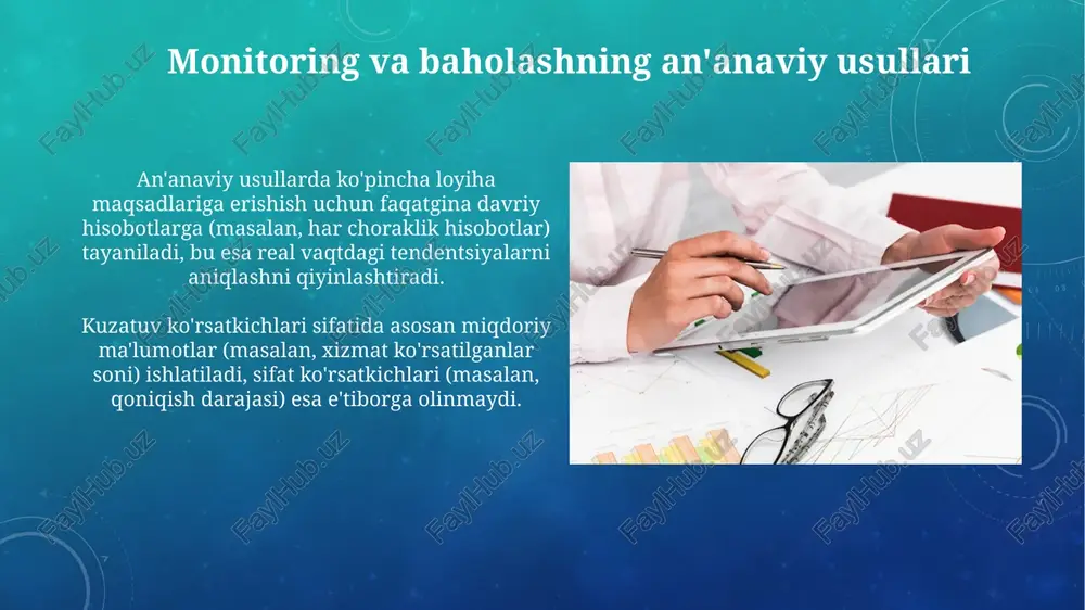 /20 qoidasiga muvofiq keladi, ya'ni 20% harakat 80% natijani beradi. bu tajribalarni aniqlab, loyihaning 2-bosqichida qo'llash kerak. xulosa va tavsiyalar xulosalarda monitoring davomida aniqlangan asosiy tendensiyalar, masalan, ko'rsatkichlar bo'yicha 85% muvaffaqiyat darajasi yoki 20% xarajat oshishi ta'kidlanishi kerak. tavsiyalarda kelgusidagi loyihalarni yaxshilash uchun aniq, amaliy qadamlar ko'rsatilishi lozim, shu jumladan, xodimlarni 3 kunlik yangi treningdan o'tkazish zarurligi. e'tiboringiz uchun rahmat image3.png image4.jpg image5.jpg image6.jpg image7.jpg image8.jpg image9.jpg image10.jpg image11.jpg image12.jpg image13.jpg image14.jpg image15.jpg image16.jpg image17.jpg image18.jpg image19.jpg