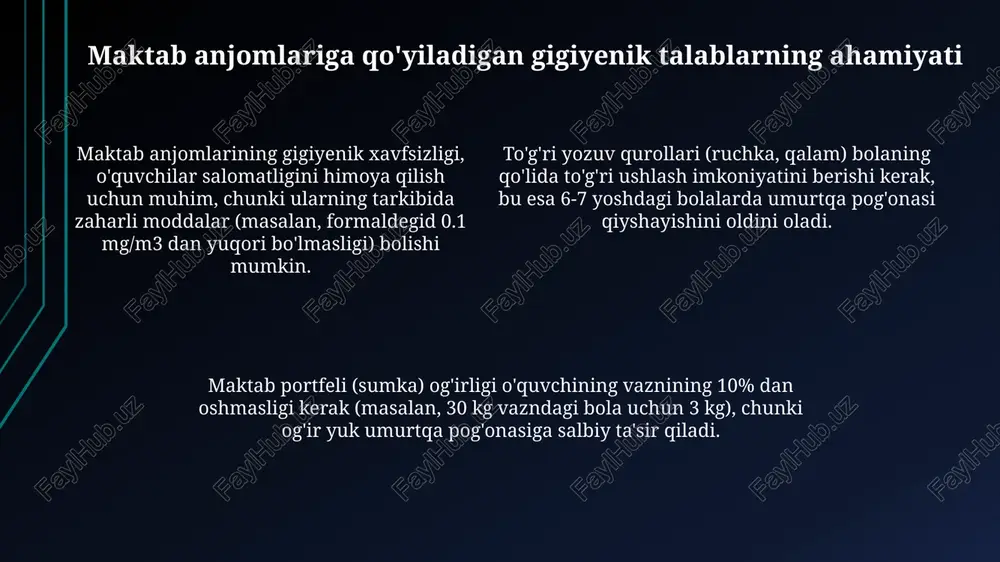 ar ta'siriga bardosh berishini nazarda tutadi. ph darajasi 6 dan 8 gacha bo'lgan eritmalarga ta'sir qilish sinovi o'tkaziladi. ranglar barqarorligi yorug'lik ta'siriga qarshilikni anglatadi. standart talablarga ko'ra, baholash shkalasi 1 dan 8 gacha bo'lib, 6 yoki undan yuqori ko'rsatkich maktab jihozlari uchun qabul qilinadi. qoplamalar barqarorligi mexanik ta'sirlarga chidamliligini bildiradi. masalan, qalam qutilaridagi bo'yoqlar aşınmaya bardoshli bo'lishi kerak, kamida 500 tsikl aşınmaya dosh berishi lozim. yozuv qurollariga talablar yozuv qurollarida ishlatiladigan siyoh tarkibida metil spirti miqdori 0,5% dan oshmasligi, rang beruvchi moddalar zaharli emasligi va teri bilan aloqa qilganda allergik reaksiyalarni keltirib chiqarmasligi kerak. ruchka korpuslari yuqori sifatli, toksik bo'lmagan plastmassadan tayyorlanishi, mexanik shikastlanishlarga chidamli bo'lishi, bolaning qo'lida qulay bo'lishi va yozuv jarayonida noqulaylik tug'dirmasligi zarur. qalamlar yog'ochining tarkibida formaldegid miqdori 0,1 mg/m3 dan oshmasligi, bo'yoq qatlami bir tekisda bo'lishi, yuzasi silliq va bolaning sog'lig'iga zarar yetkazmasligi lozim. o'quv qo'llanmalariga talablar o'quv qo'llanmalarida ishlatiladigan qog'oz 65-80 g/m2 zichlikda bo'lishi, yorqinligi …