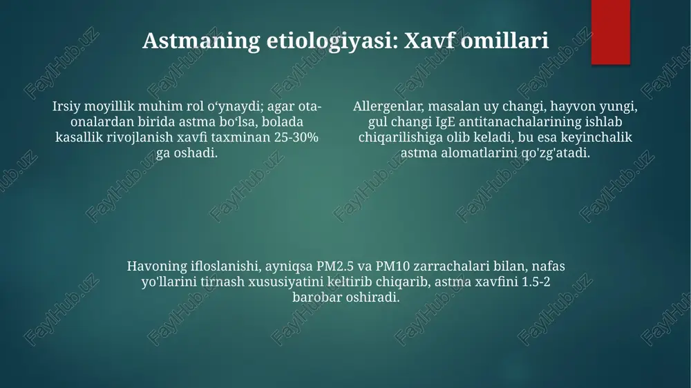 yordam beradi. allergik testlar (teri prick testlari, qon testlari) allergen testlar (teri va qon) diagnostika jarayonida muhim ahamiyatga ega, lekin klinik ma'lumotlar va anamnez bilan birgalikda tahlil qilinishi kerak, chunki ular 70-80% sezuvchanlikni ta'minlaydi. teri prick testlari ige-antitel bilan bog'langan allergenlarni aniqlaydi, natijalar 15-20 daqiqada baholanadi, reaktivlik diametri 3 mm dan katta bo'lsa, sezuvchanlik ko'rsatiladi. qon testlari, masalan, immunocap, allergen-spesifik ige antitel darajasini o'lchaydi, bu esa terining sinovlari imkonsiz bo'lganda (ekzema) muhim ma'lumot beradi. differentsial diagnostika bronxial astma differensial tashxisida surunkali obstruktiv o'pka kasalligi (so'ok) ni istisno qilish muhim, bunda spirometriya tekshiruvi fev1/fvc nisbati <0.7 ni ko'rsatadi, astmada esa bu ko'rsatkich normal bo'lishi mumkin. yurak astmasi bilan differensial tashxis o'tkazishda ekg va yurak biomarkerlari (masalan, troponin) yordam beradi, chunki yurak astmasi yurak yetishmovchiligidan kelib chiqadi, bronxial astma esa allergik reaksiya yoki boshqa sabablarga ko'ra paydo bo'ladi. bronxial astmani differensial tashxislashda o'pka emboliyasini inkor qilish uchun d-dimer testi va kompyuter tomografiyasi …